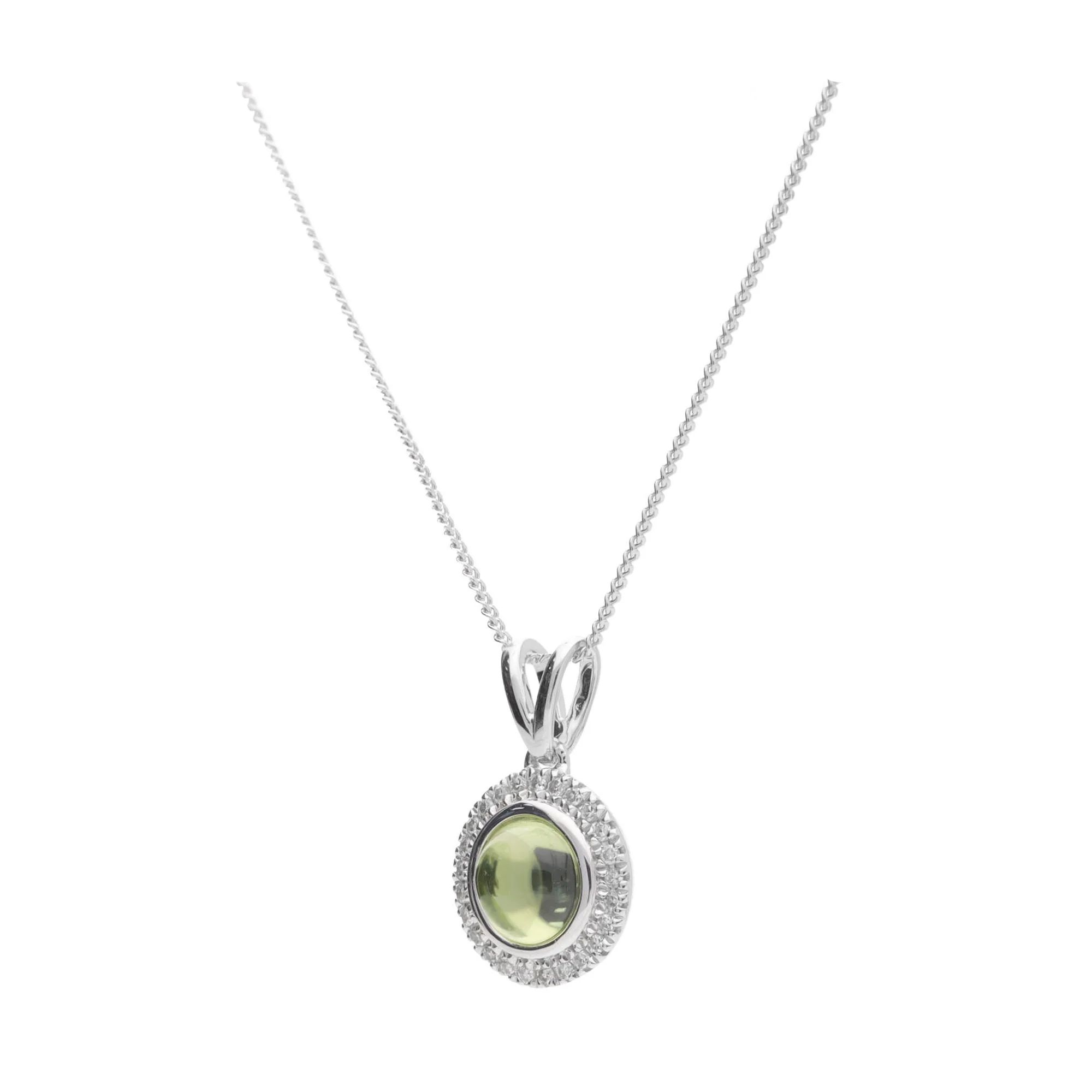 Peridot Cabochon Diamond Halo 9ct White Gold Cluster Pendant - Image 2