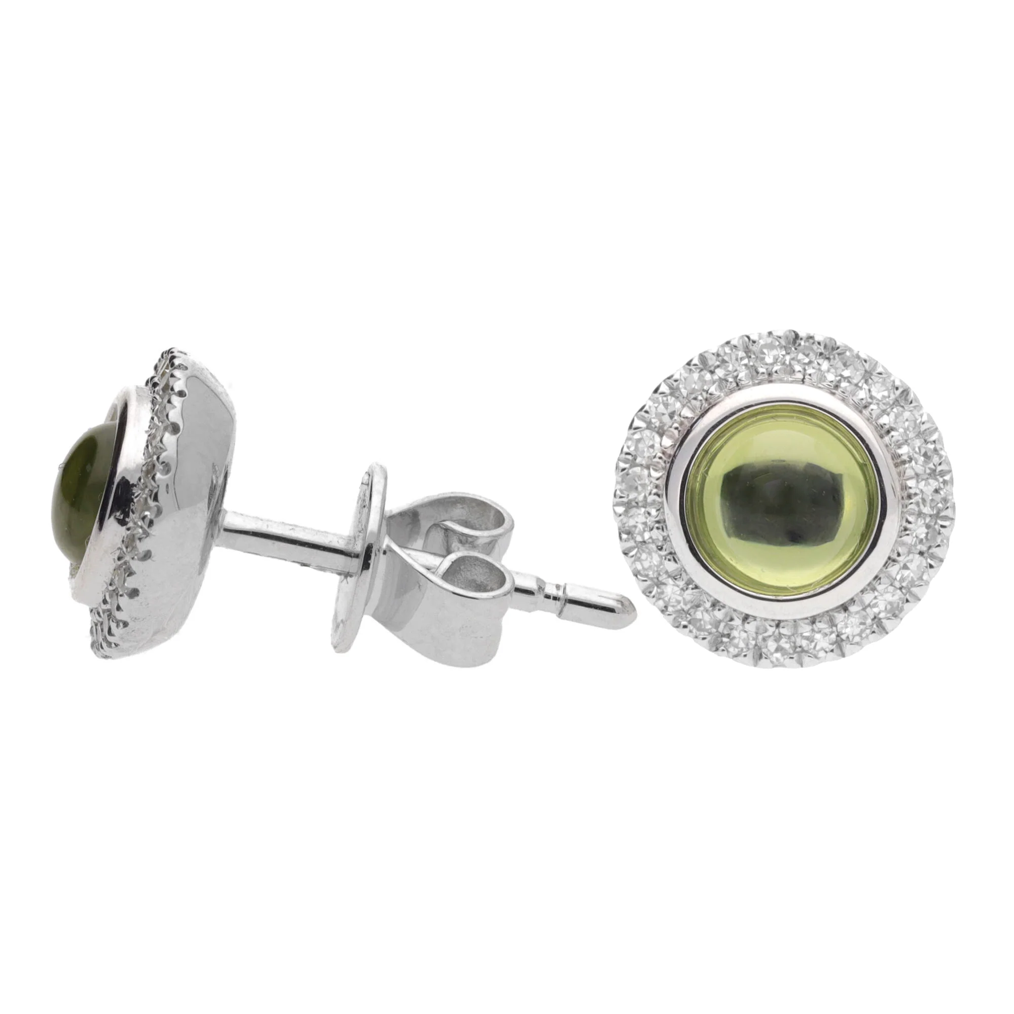 Peridot Cabochon Diamond Halo 9ct White Gold Earrings - Image 2