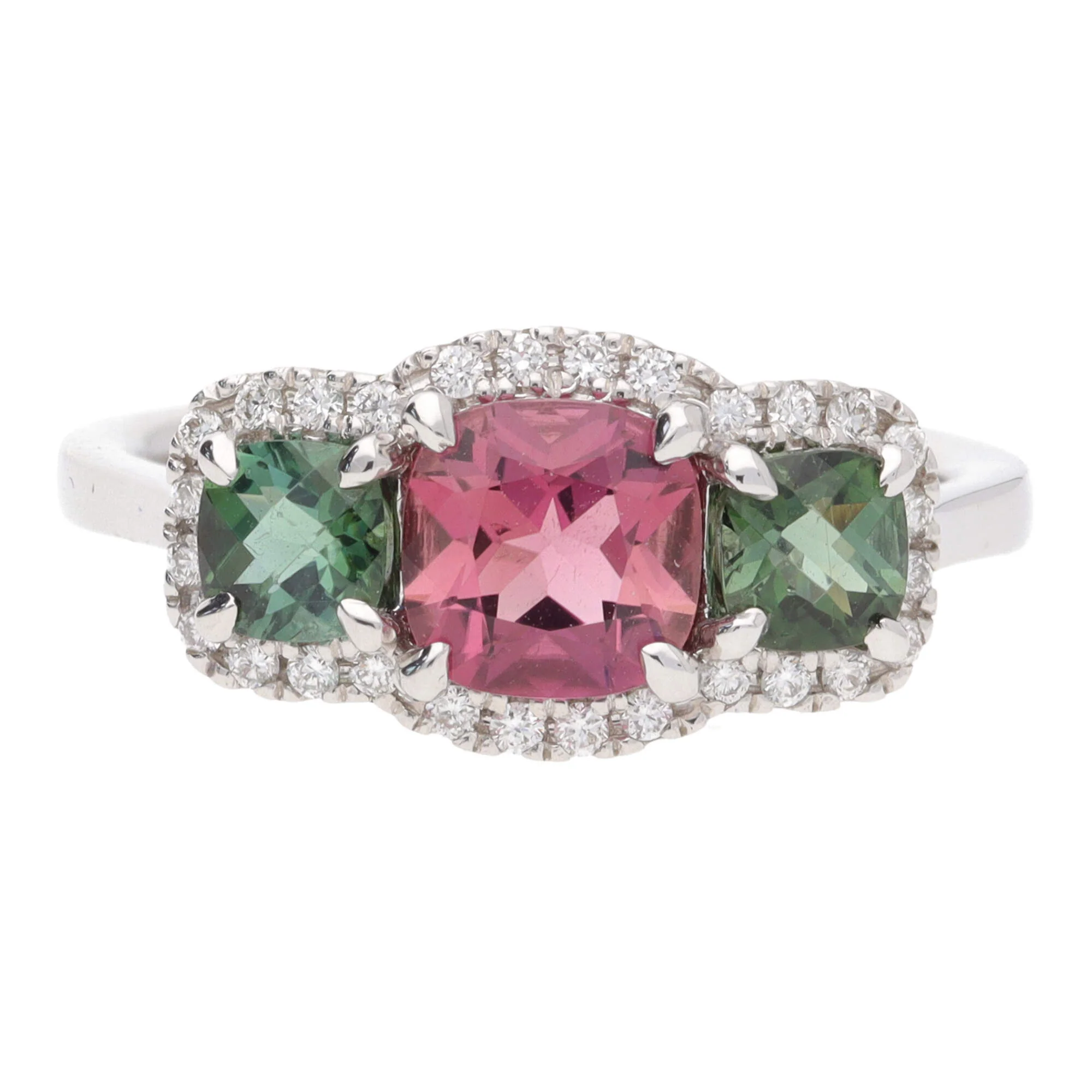 Pink and Green Tourmaline 18ct White Gold Triple Cluster Ring - Image 2
