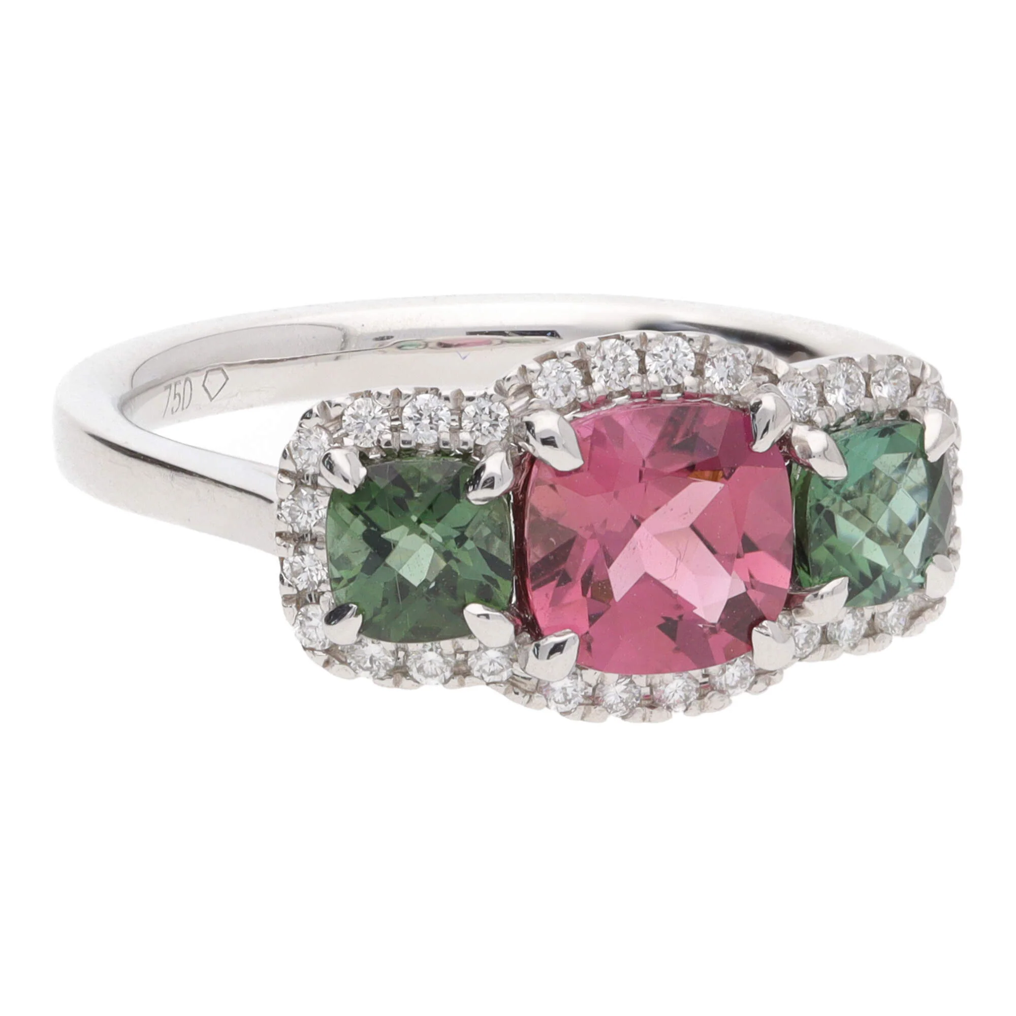 Pink and Green Tourmaline 18ct White Gold Triple Cluster Ring - Image 3