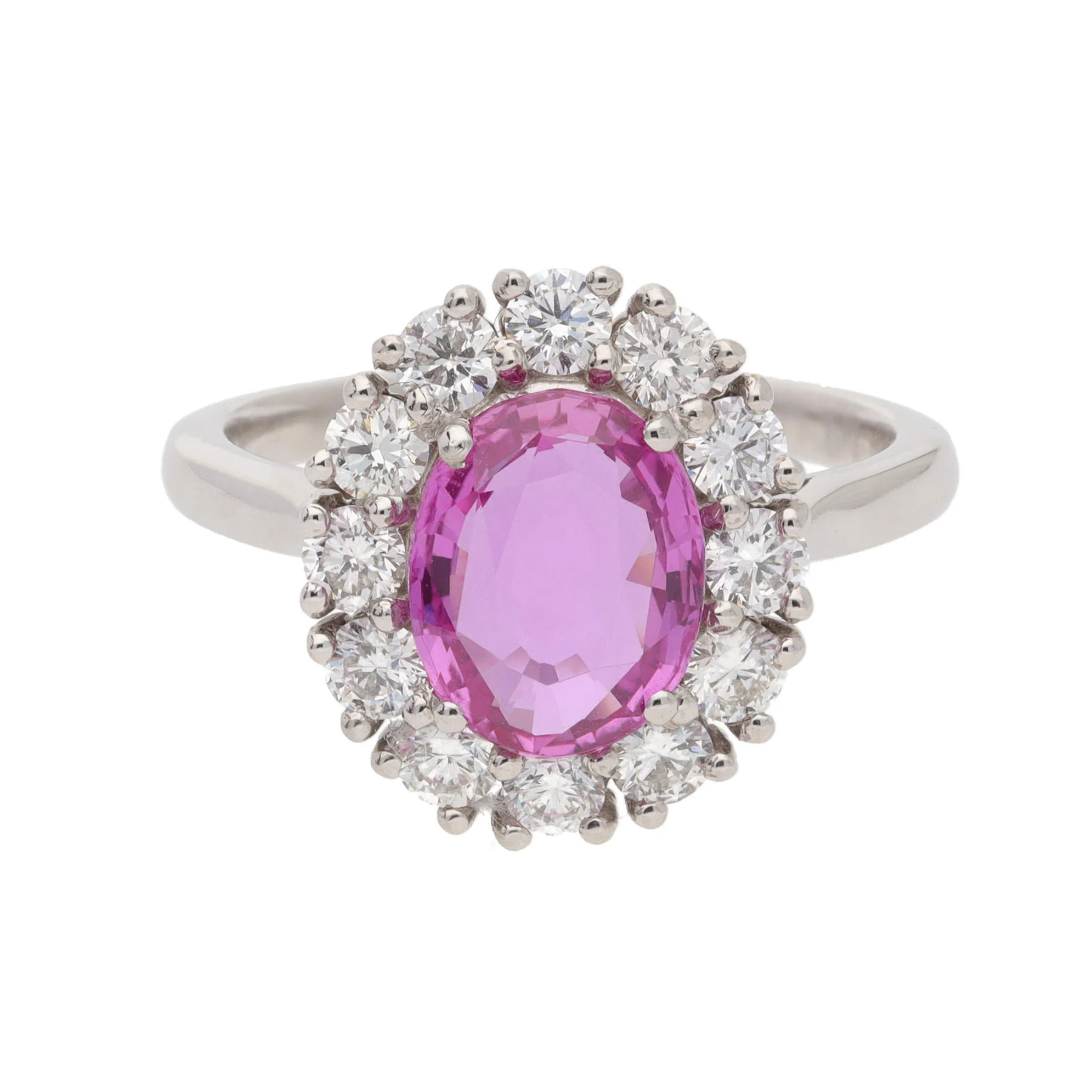 Pink Sapphire and Diamond Platinum Oval Cluster Ring - Image 2