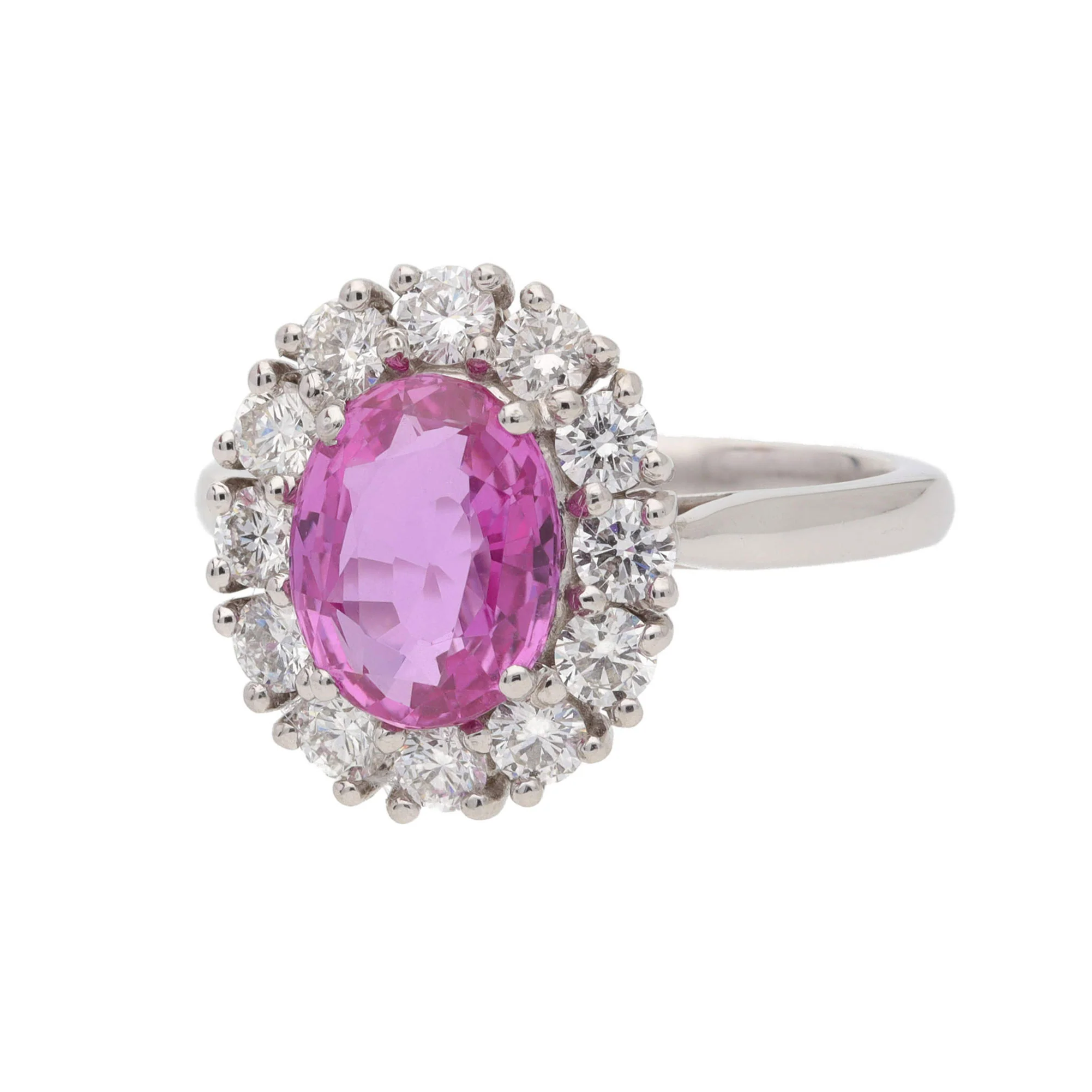 Pink Sapphire and Diamond Platinum Oval Cluster Ring - Image 3