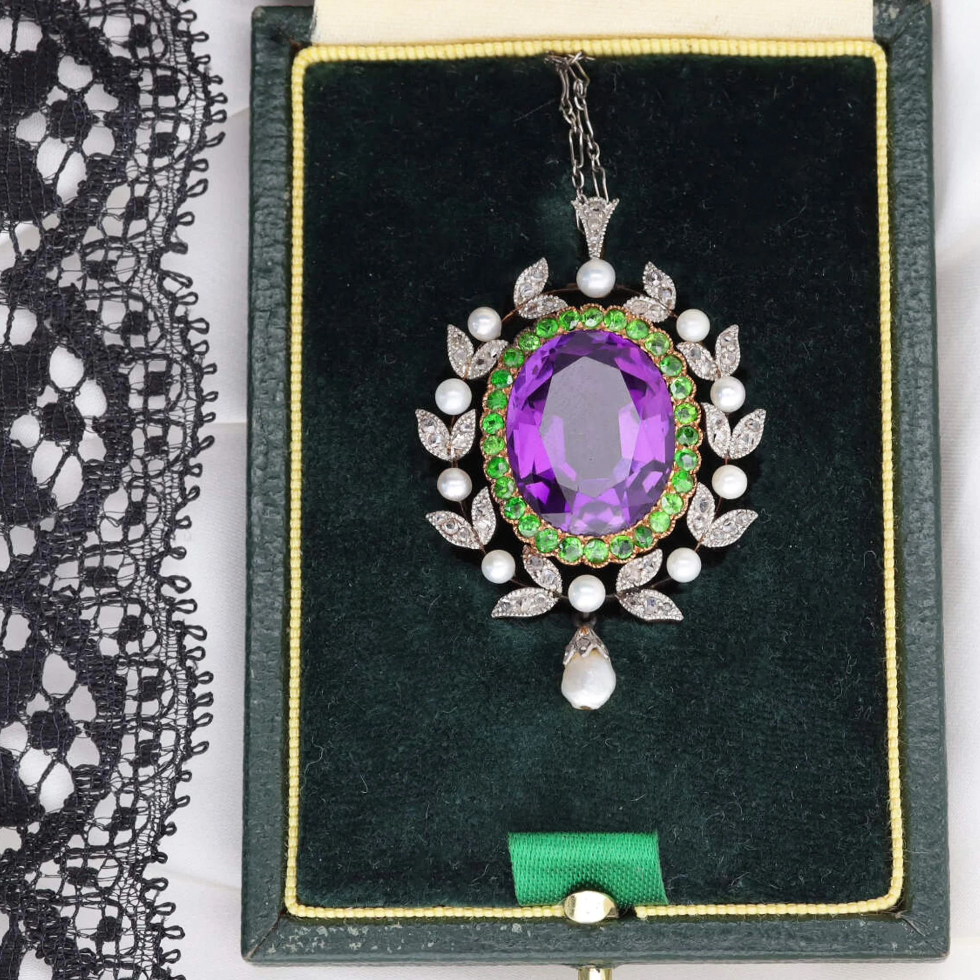 Pre-Owned Amethyst, Demantoid Garnet, Diamond and Seed Pearl Pendant - Image 4