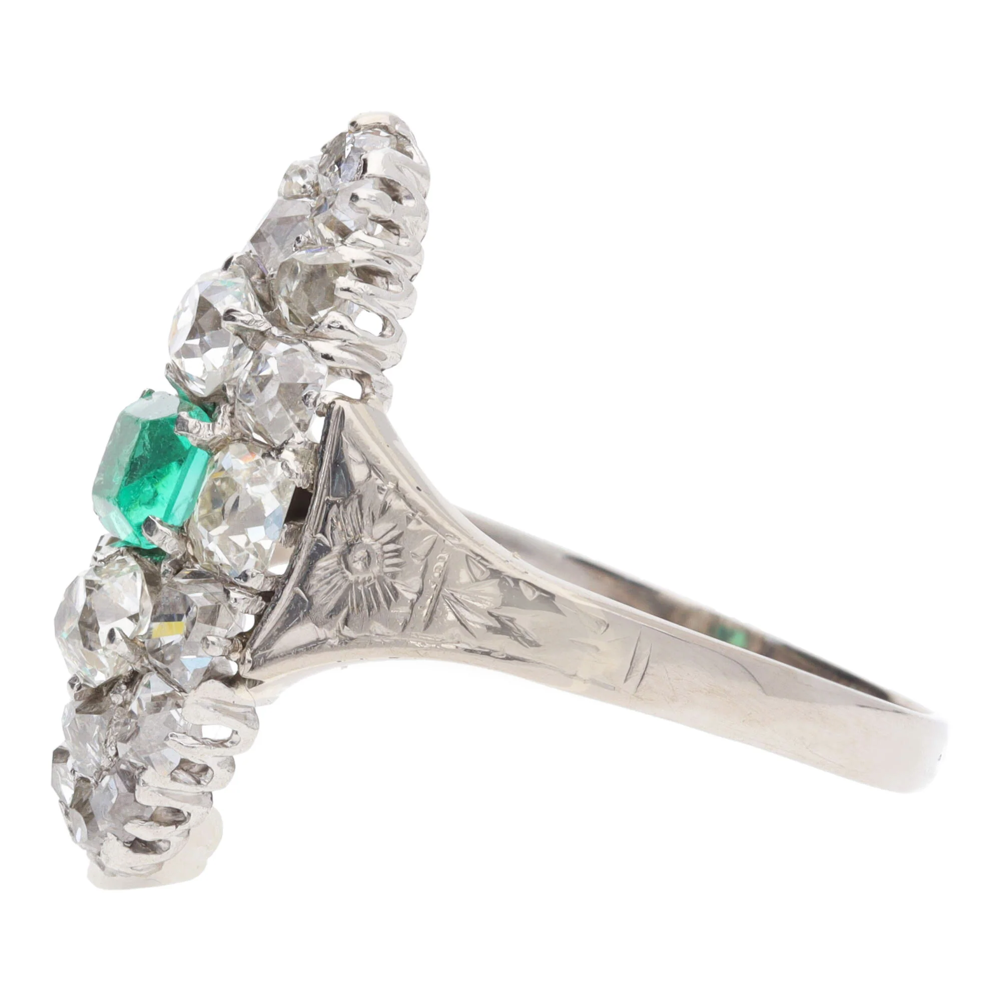 Pre-Owned Emerald and Diamond Boat Shaped Ring - Image 3