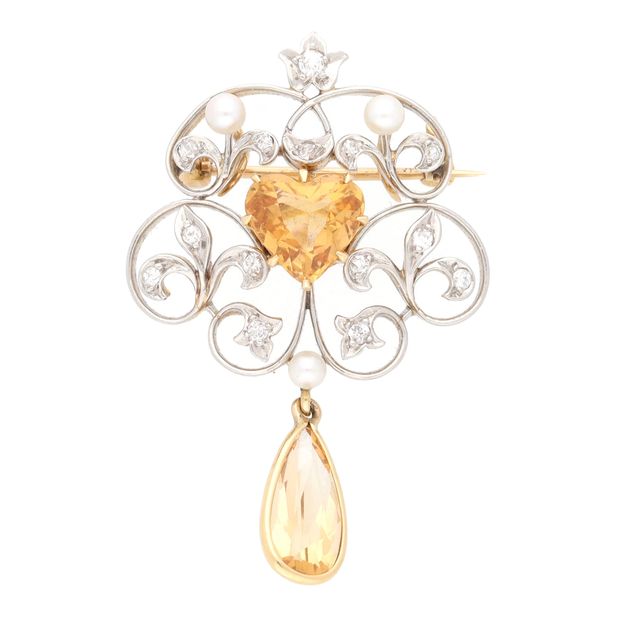 Pre-Owned Imperial Topaz, Diamond and Pearl Heart Drop Brooch