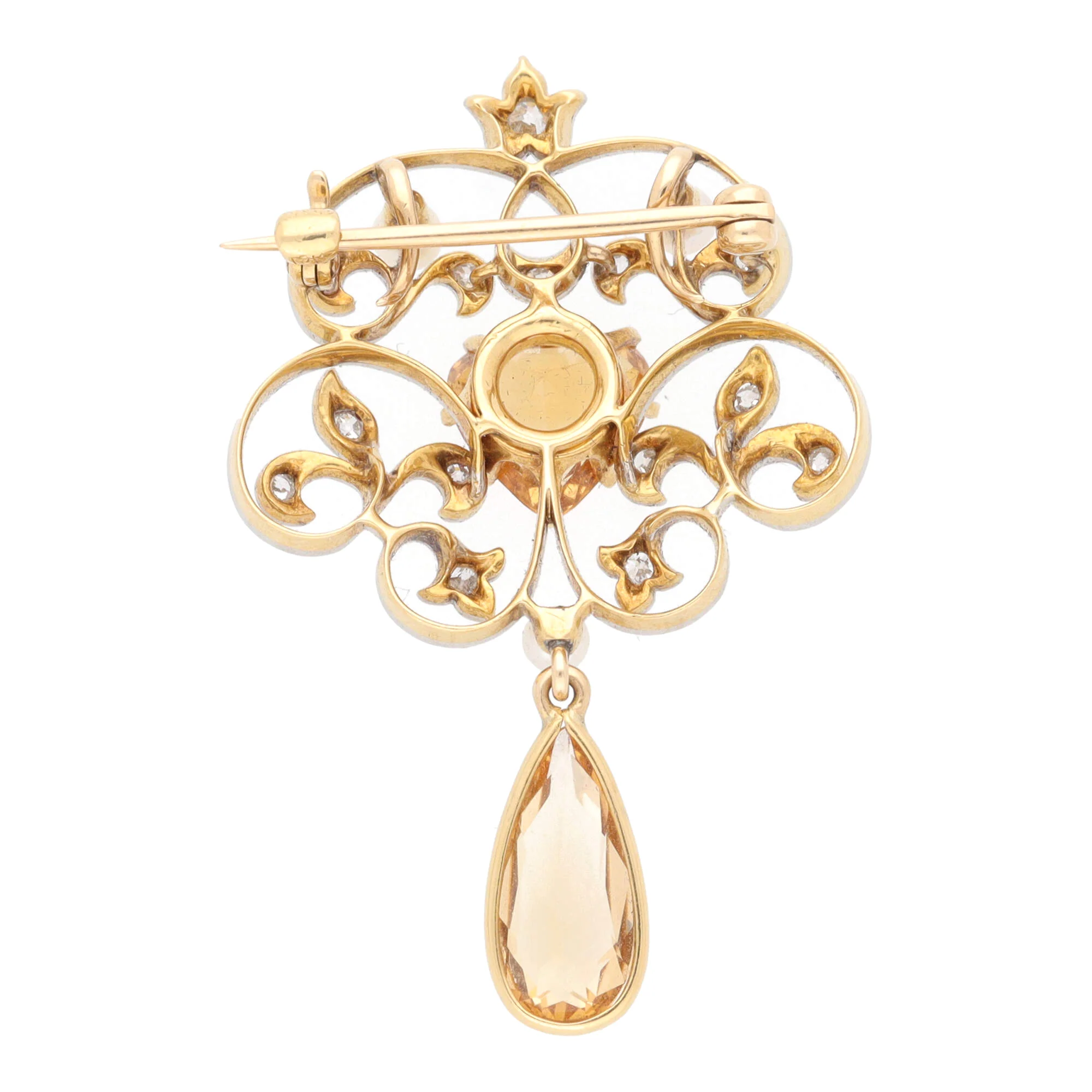 Pre-Owned Imperial Topaz, Diamond and Pearl Heart Drop Brooch - Image 2