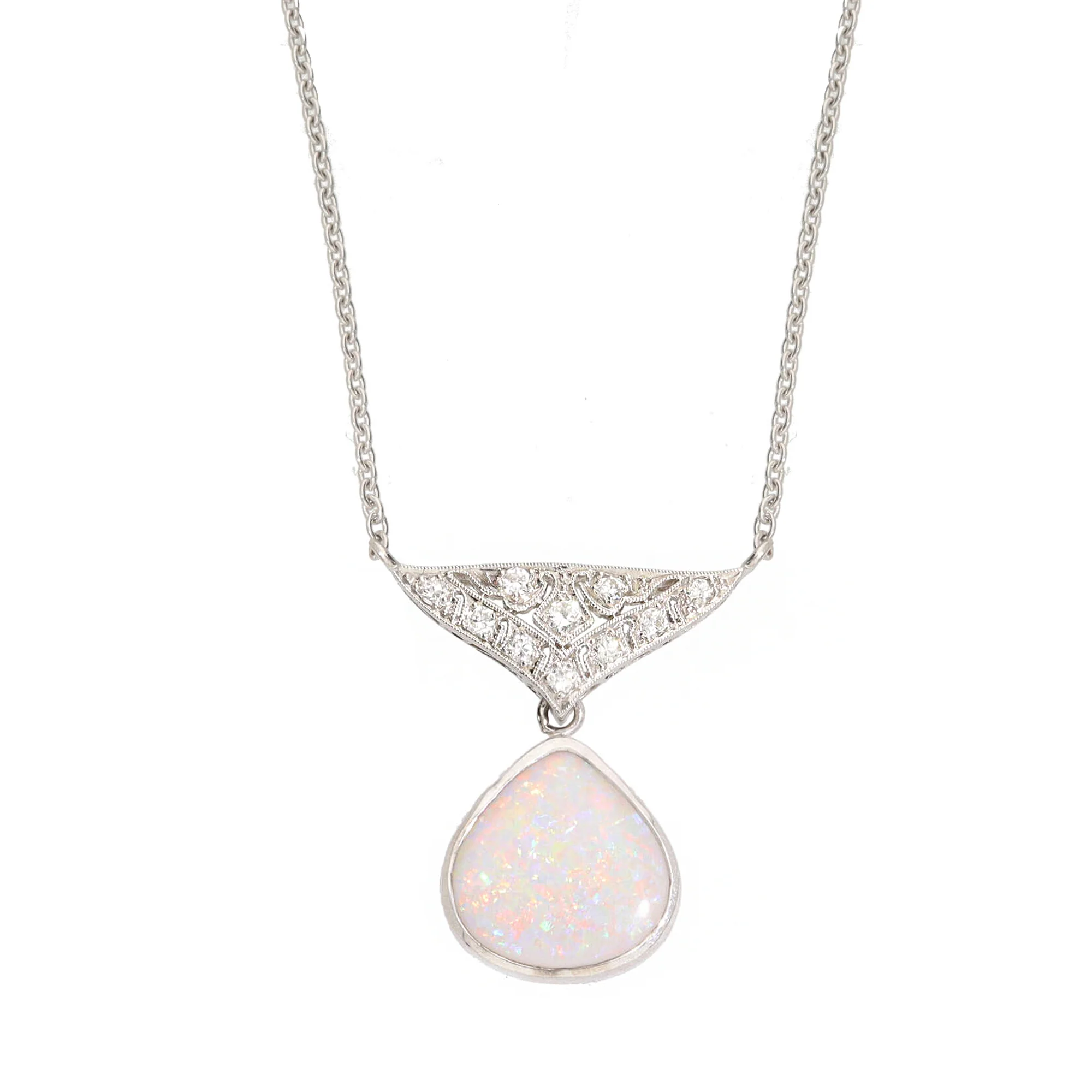 Pre-Owned Opal and Diamond Platinum Drop Necklace