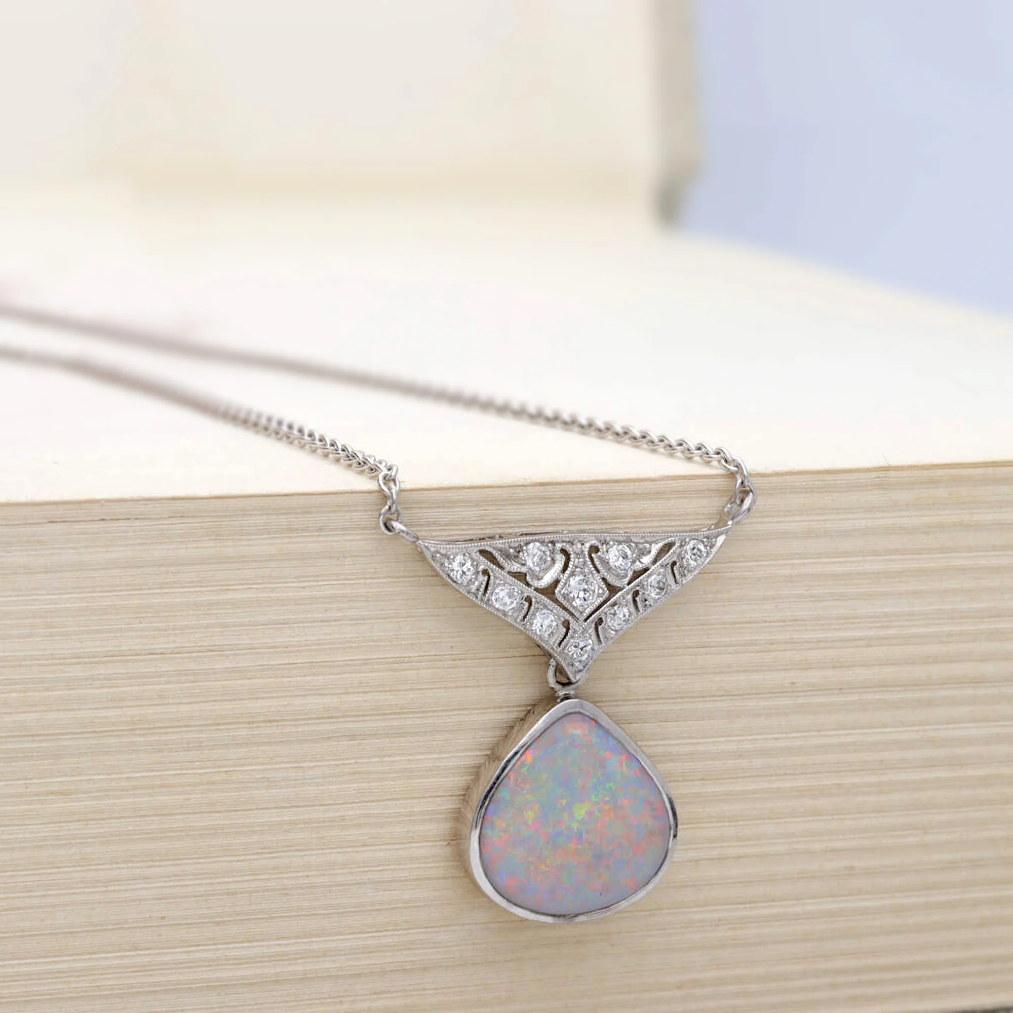 Pre-Owned Opal and Diamond Platinum Drop Necklace - Image 3