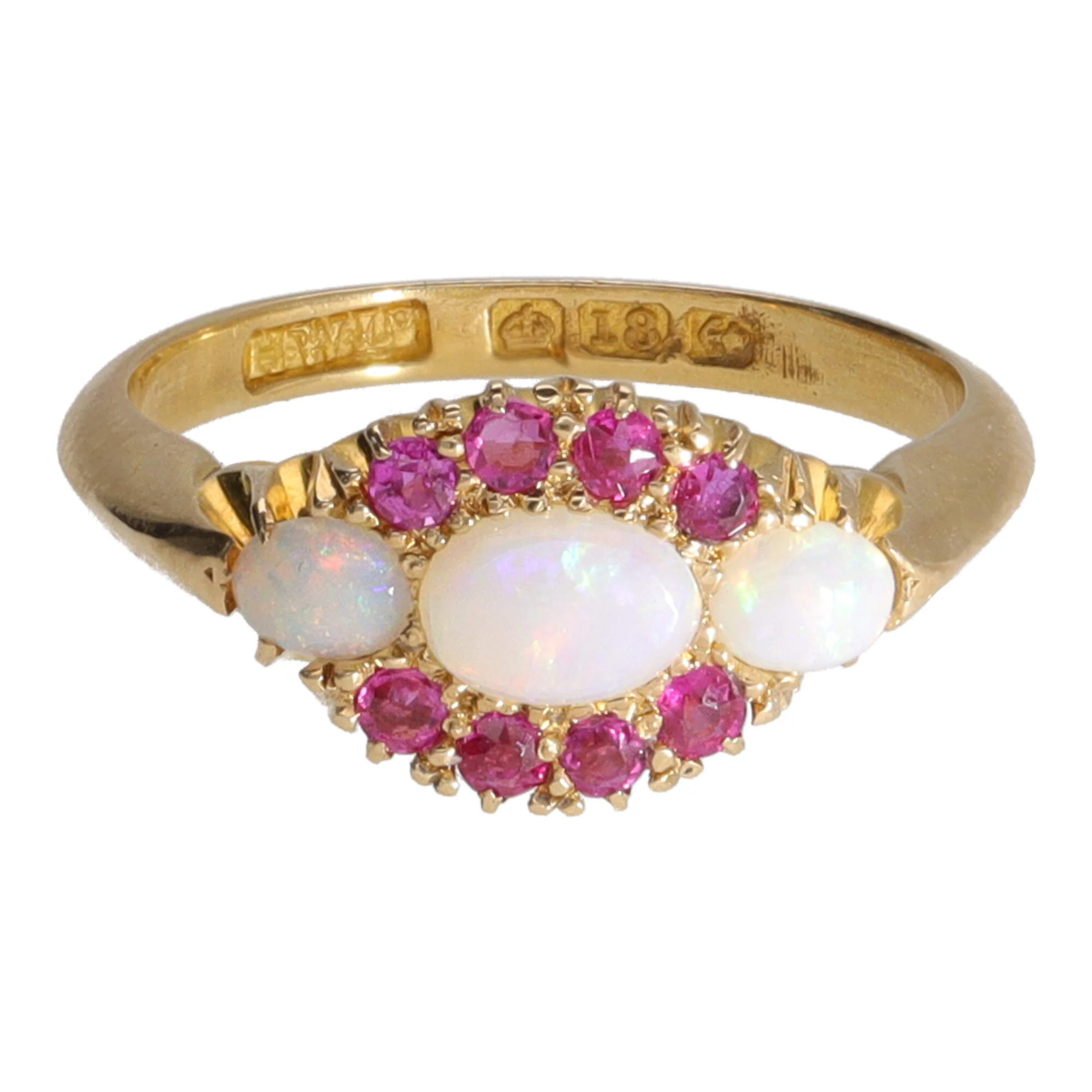 Pre-Owned Opal and Ruby 18ct Yellow Gold Three Stone Ring - Image 2