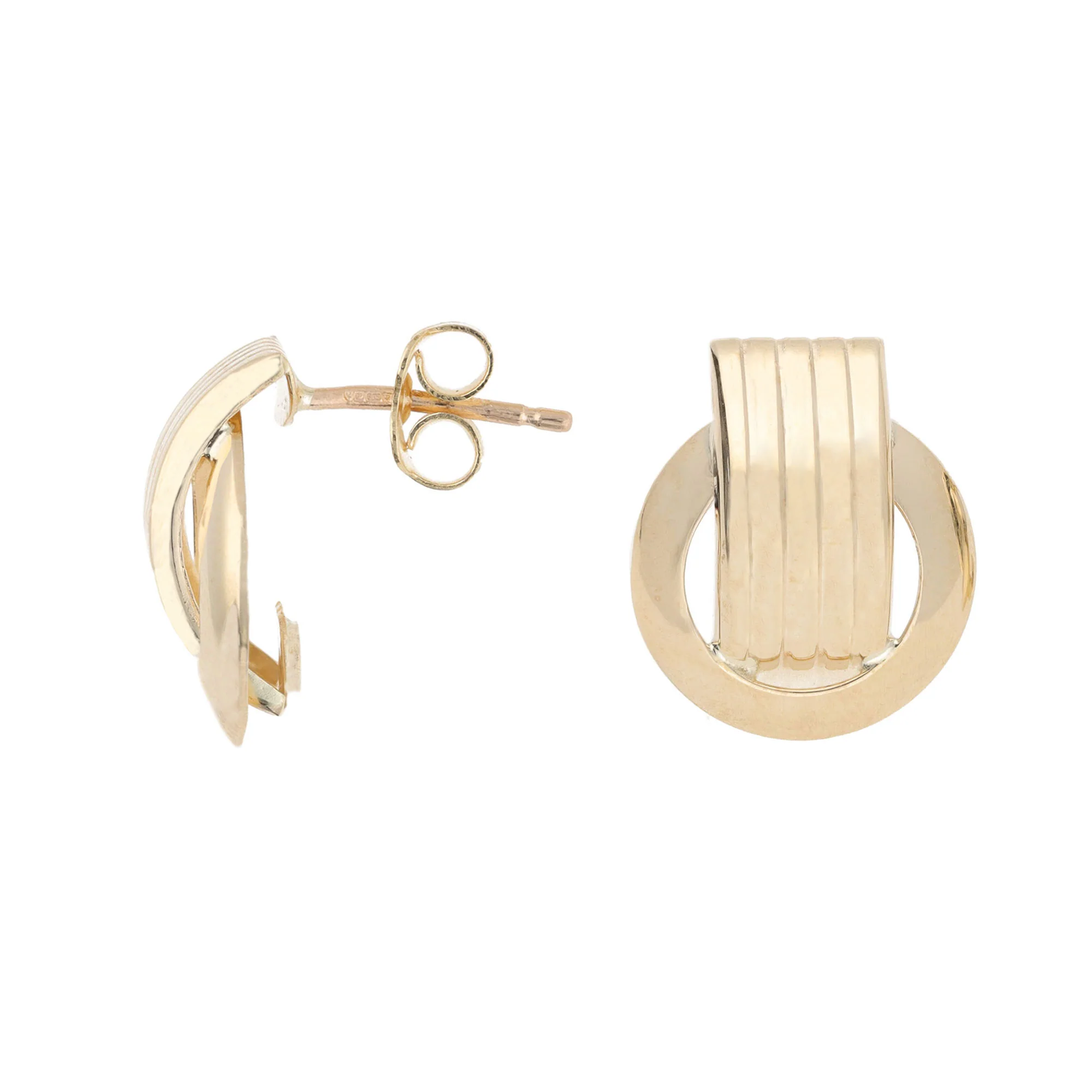 Ribbed Circular 9ct Yellow Gold Stud Earrings - Image 2