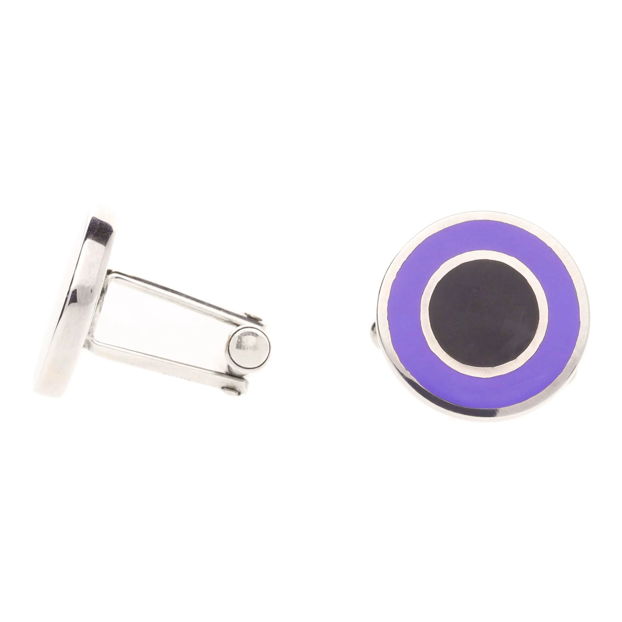 Round Black and Purple Enamel Silver Cufflinks - Image 2