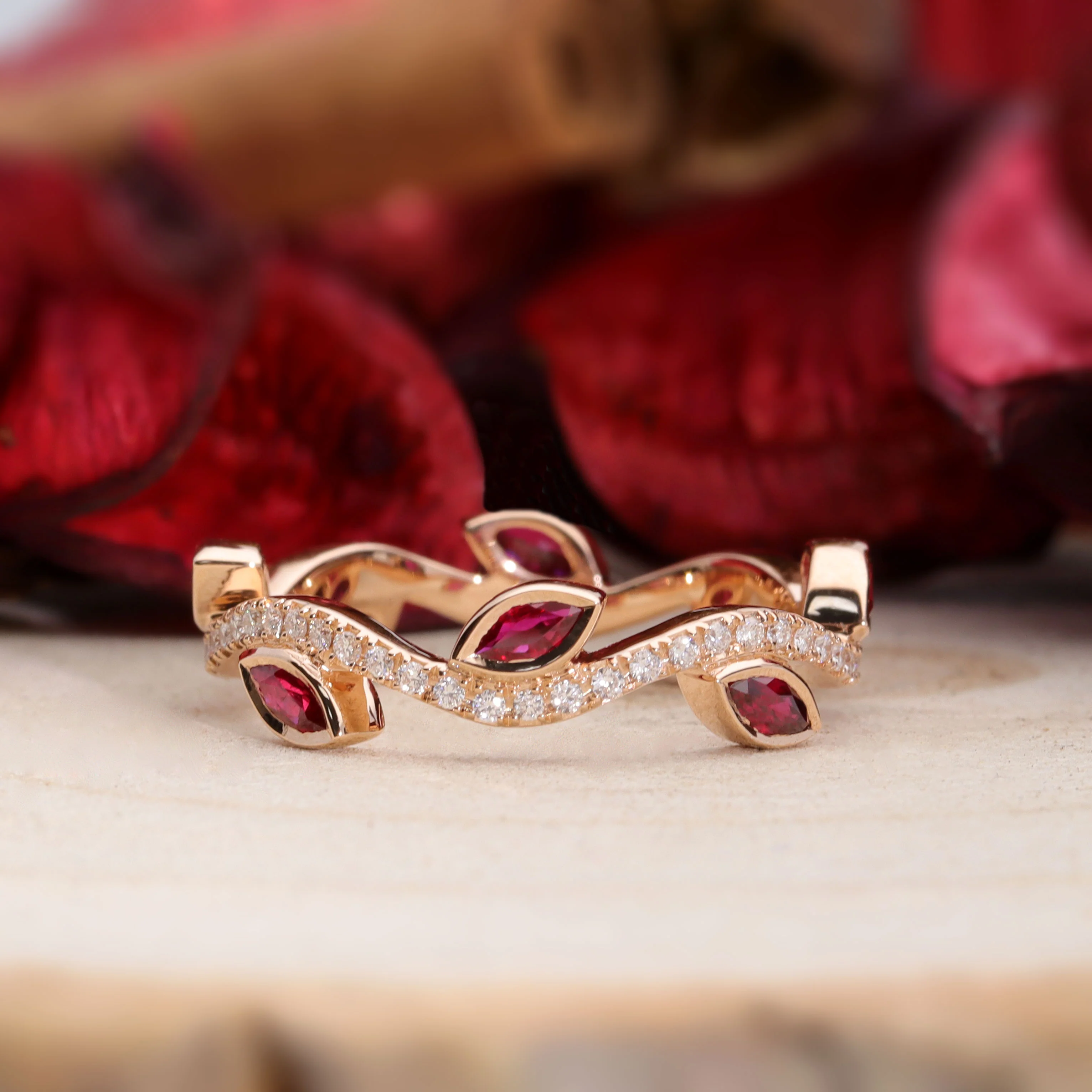 Ruby and Diamond 18ct Rose Gold Vine Wave Ring (N) - Image 2