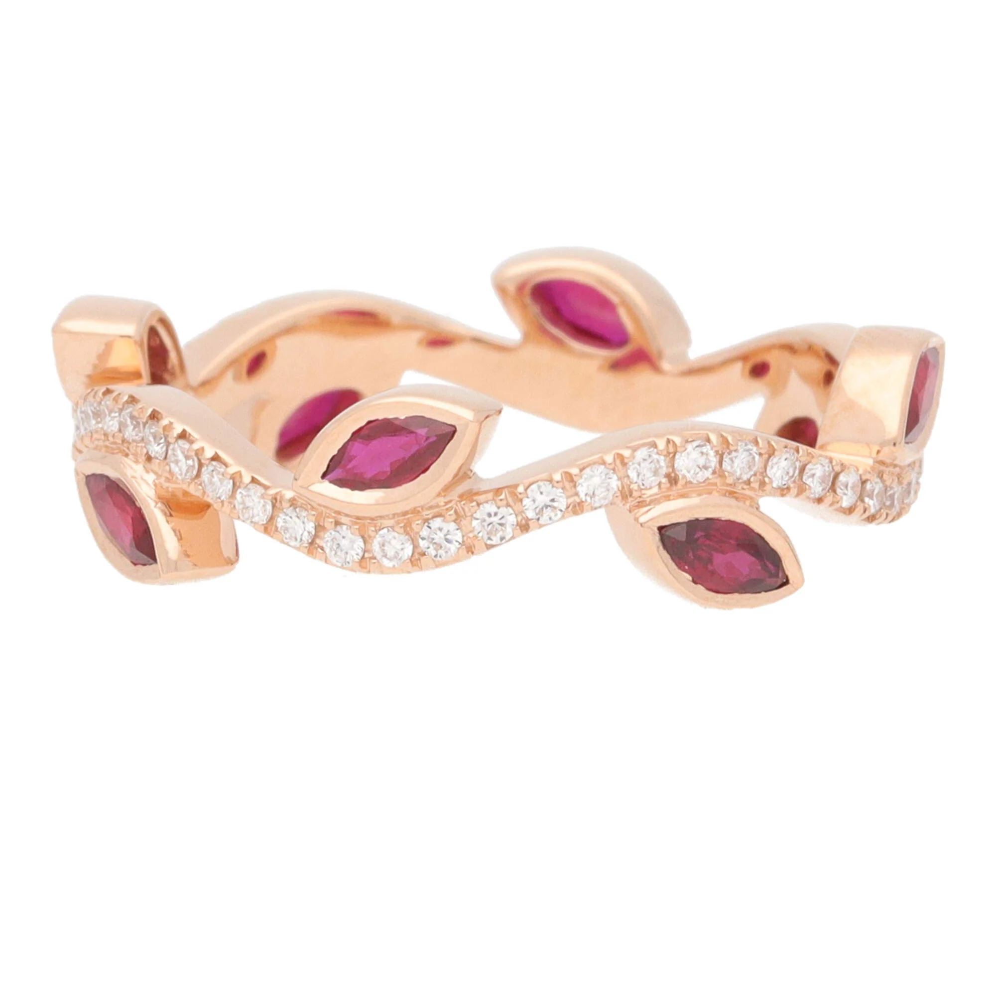 Ruby and Diamond 18ct Rose Gold Vine Wave Ring (N) - Image 3