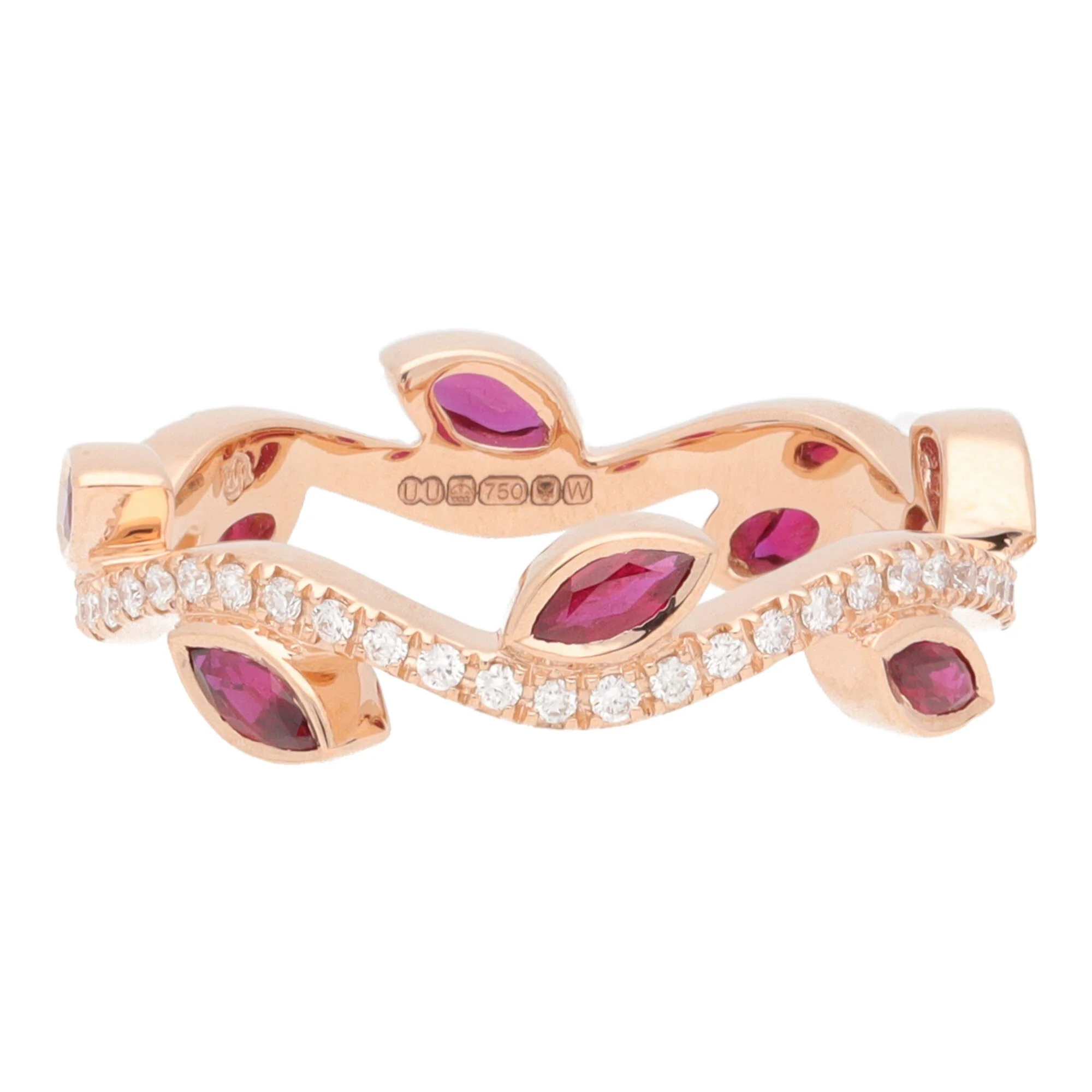 Ruby and Diamond 18ct Rose Gold Vine Wave Ring (N) - Image 4