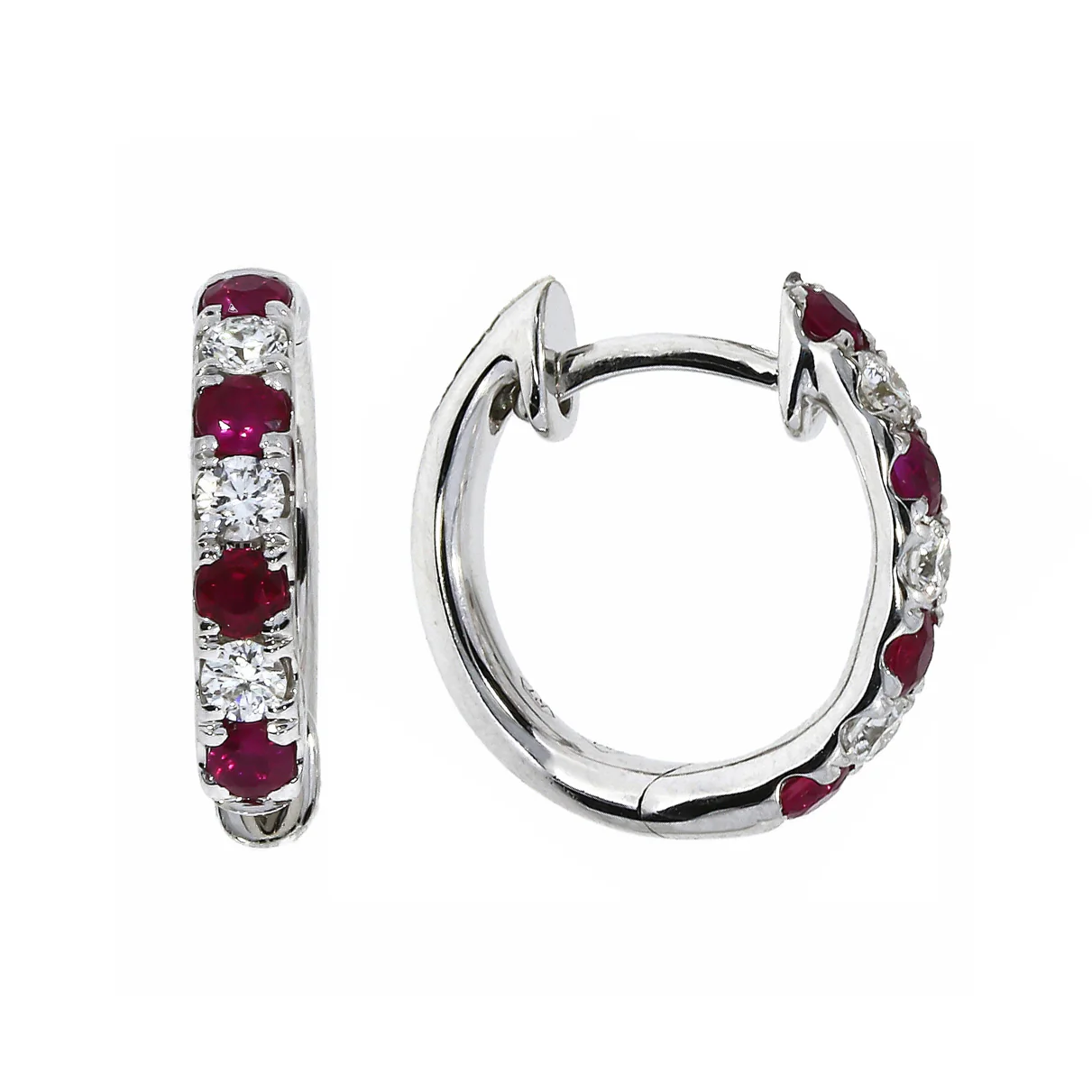 Ruby and Diamond 18ct White Gold 13.5mm Hoop Earrings - Image 2