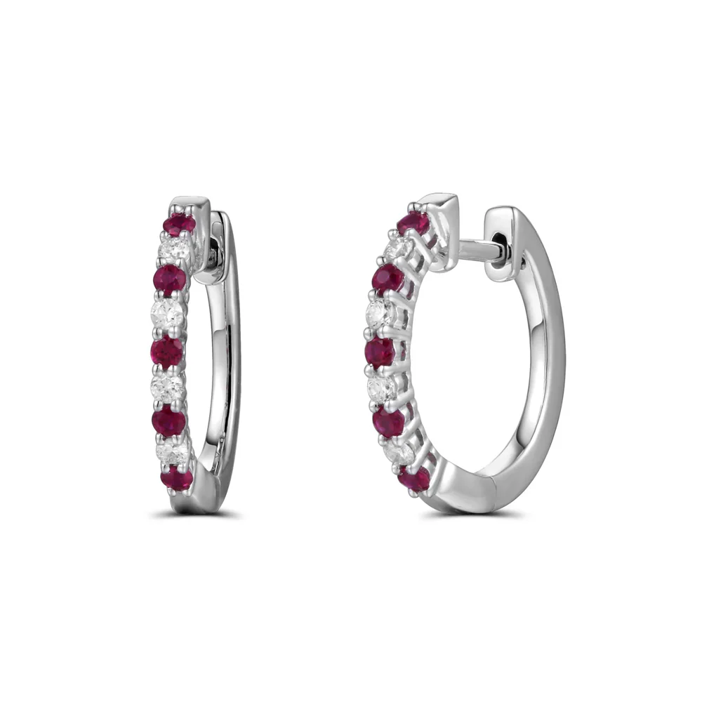 Ruby and Diamond 18ct White Gold Hoop Earrings - Image 2