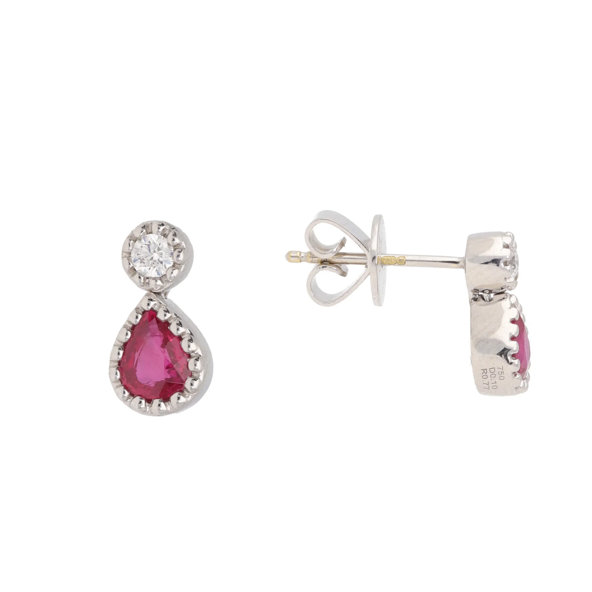 Ruby and Diamond 18ct White Gold Pear Shape Drop Earrings - Image 2