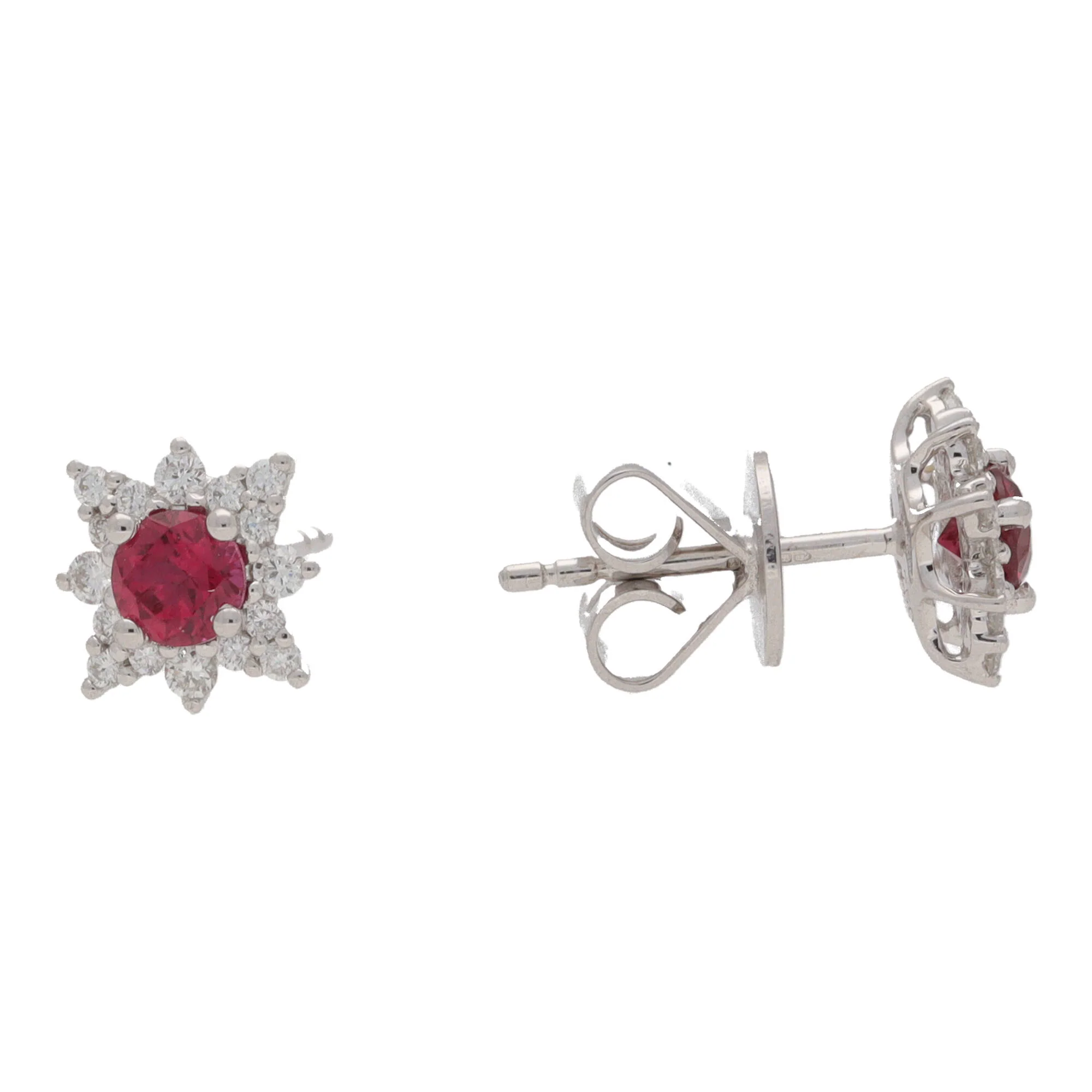 Ruby and Diamond 18ct White Gold Star Cluster Earrings - Image 4