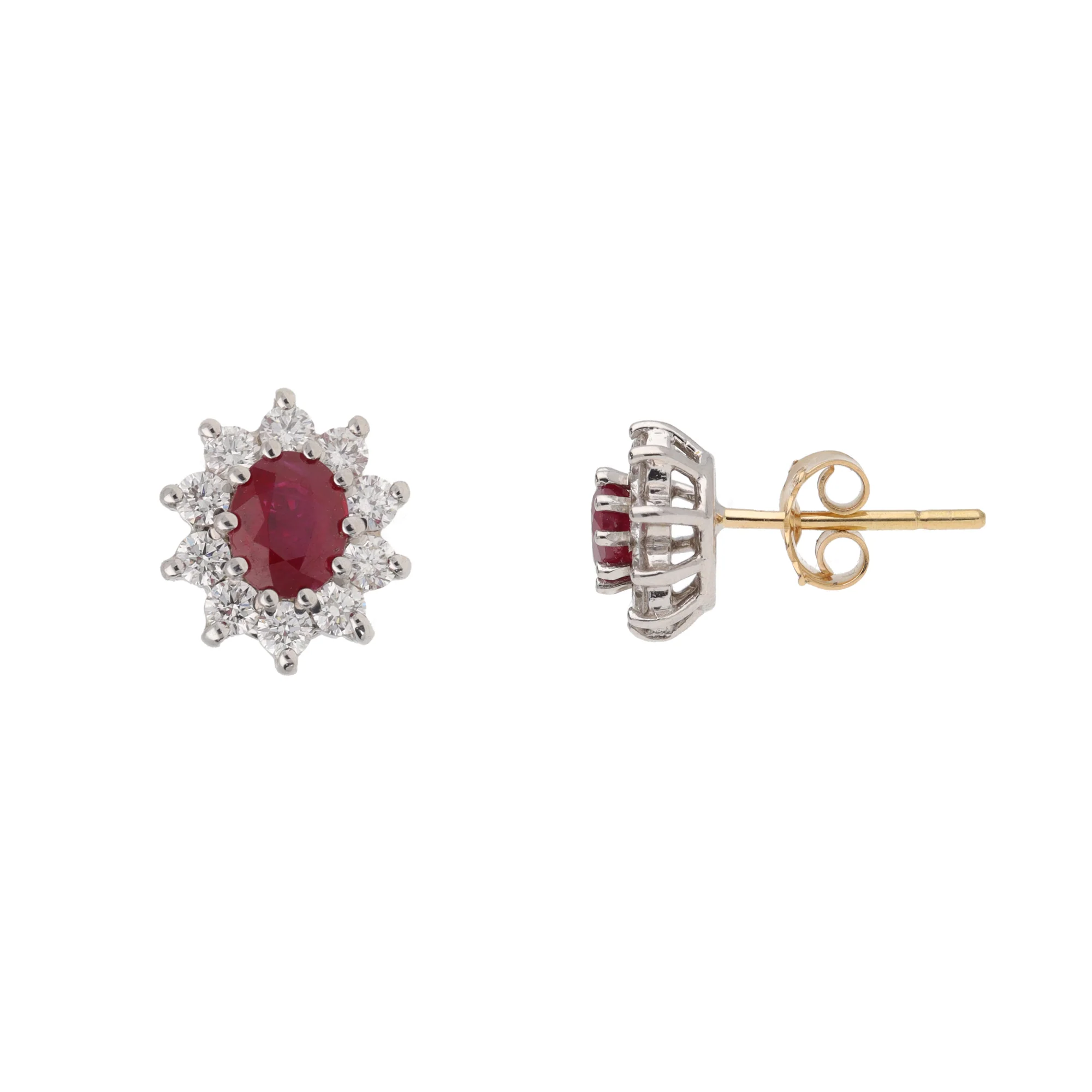 Ruby and Diamond 18ct Yellow and White Gold Cluster Stud Earrings - Image 2