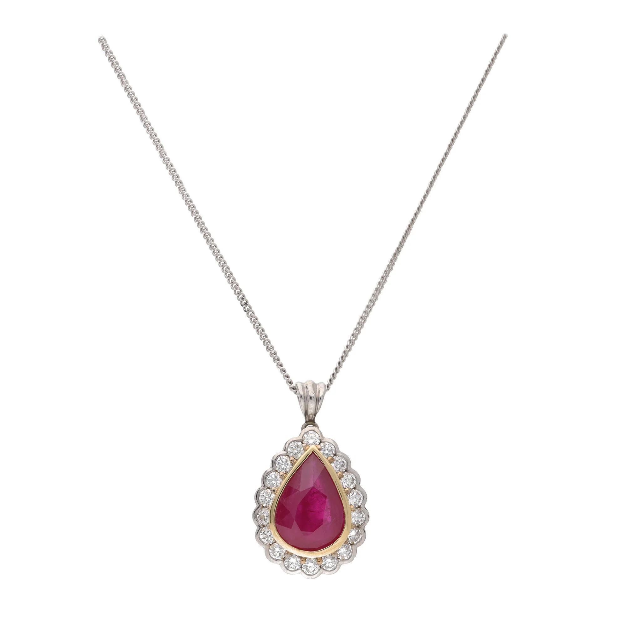 Ruby and Diamond 18ct Yellow and White Gold Pear Cluster Necklace - Image 2