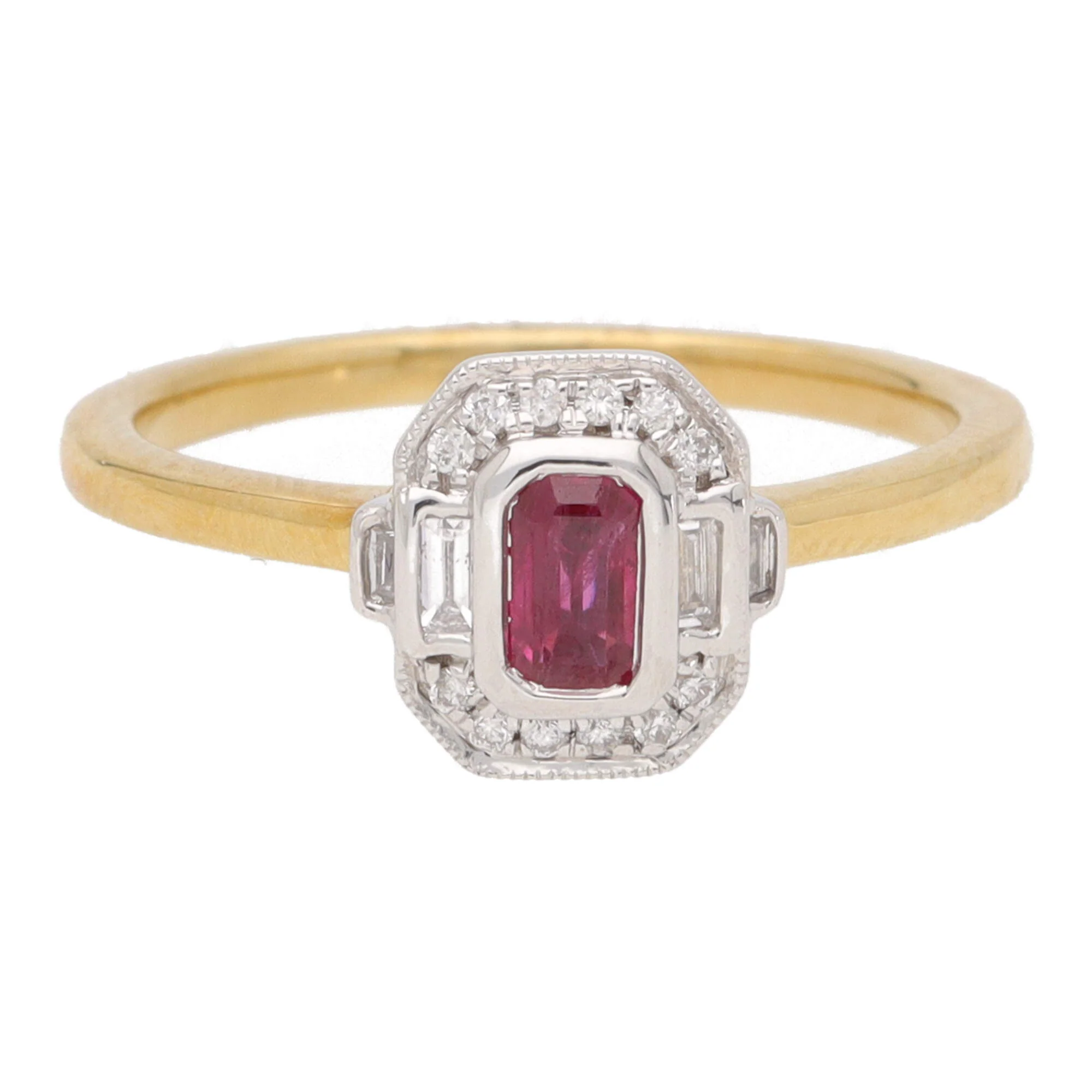 Ruby and Diamond 18ct Yellow and White Gold Rectangular Cluster Ring - Image 2