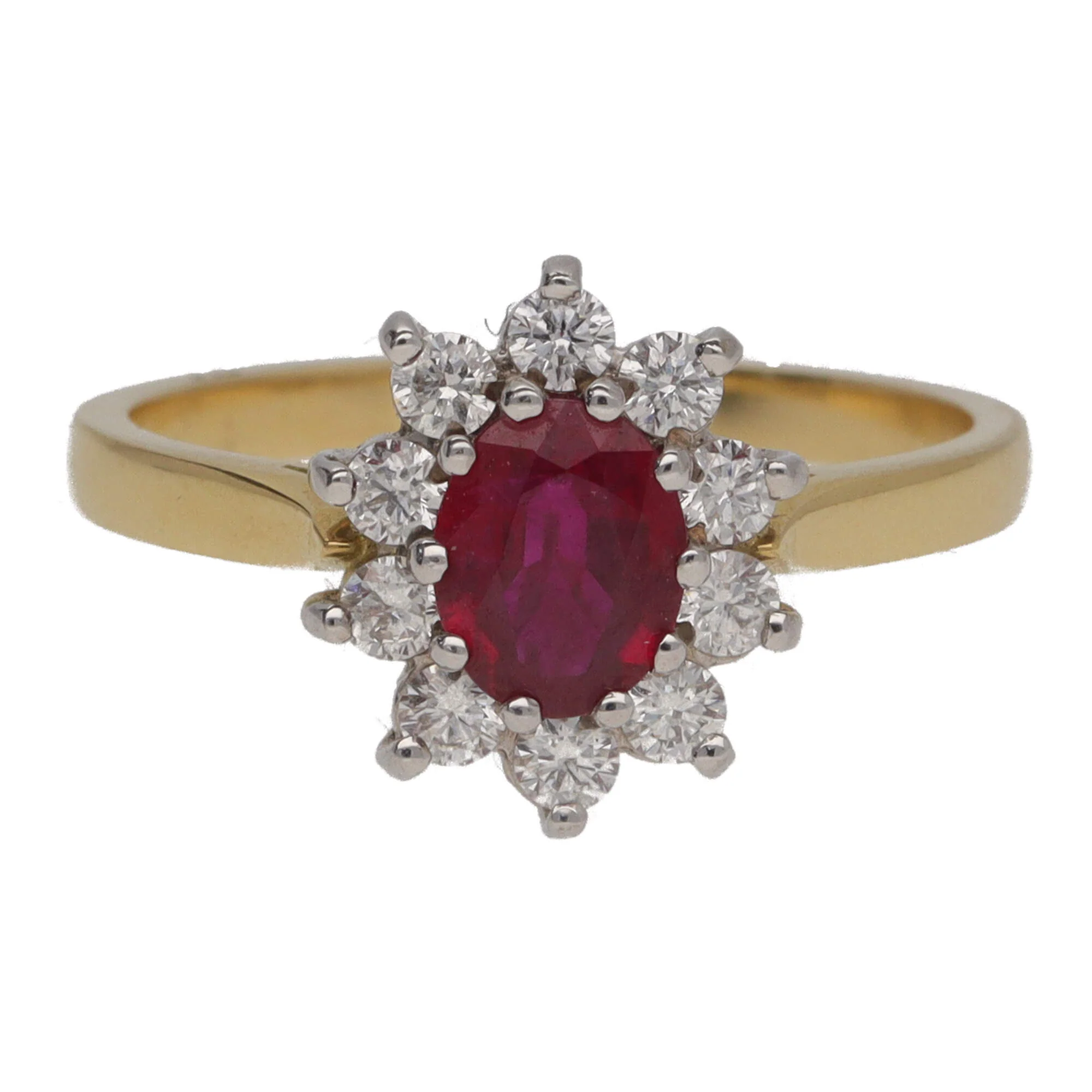 Ruby and Diamond 18ct Yellow Gold Oval Cluster Ring - Image 2