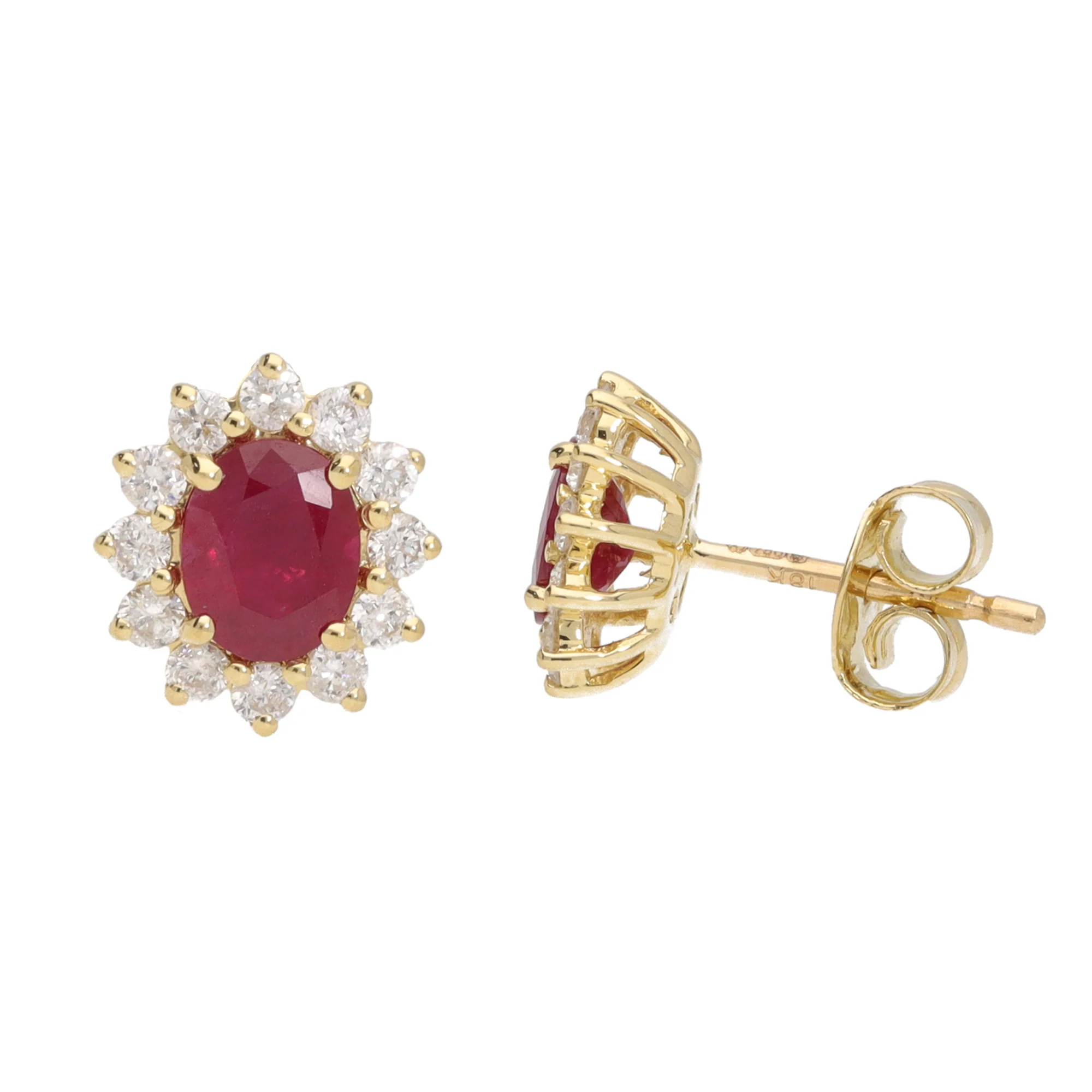 Ruby and Diamond 18ct Yellow Gold Oval Cluster Stud Earrings - Image 2