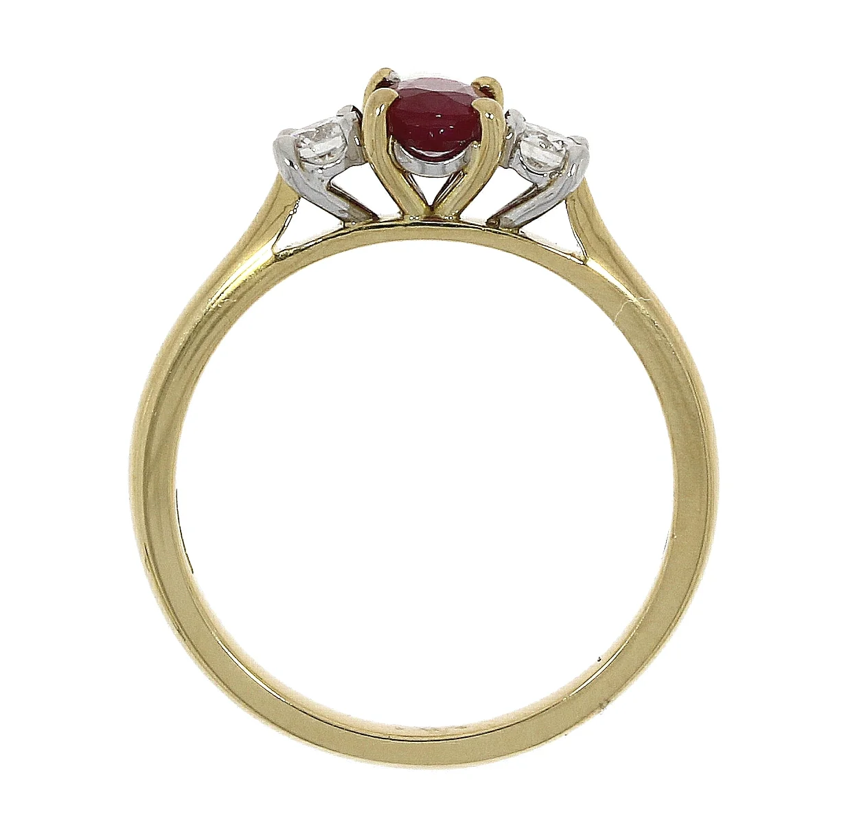 Ruby and Diamond 18ct Yellow Gold Three Stone Ring - Image 2