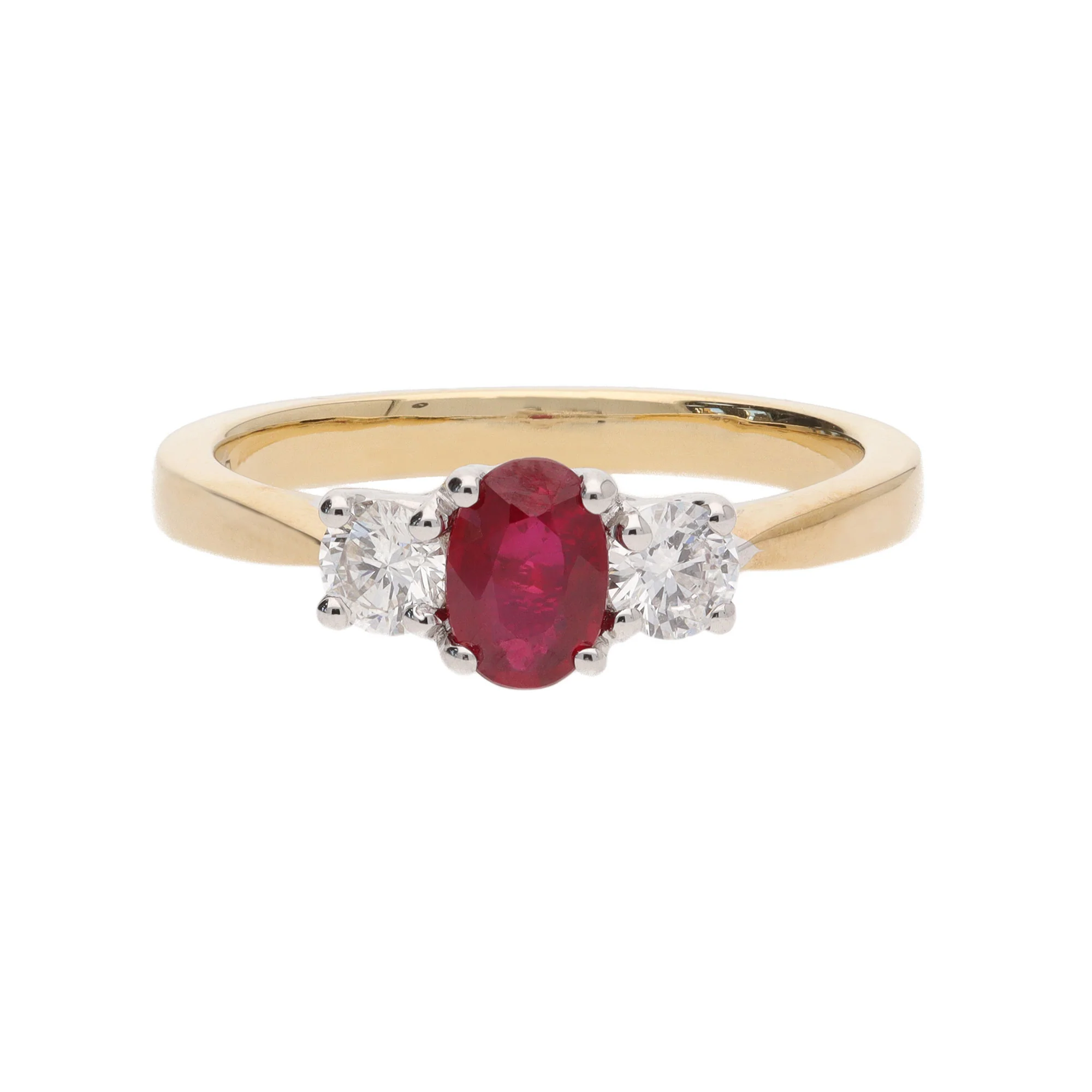 Ruby and Diamond 18ct Yellow Gold Three Stone Ring - Image 2