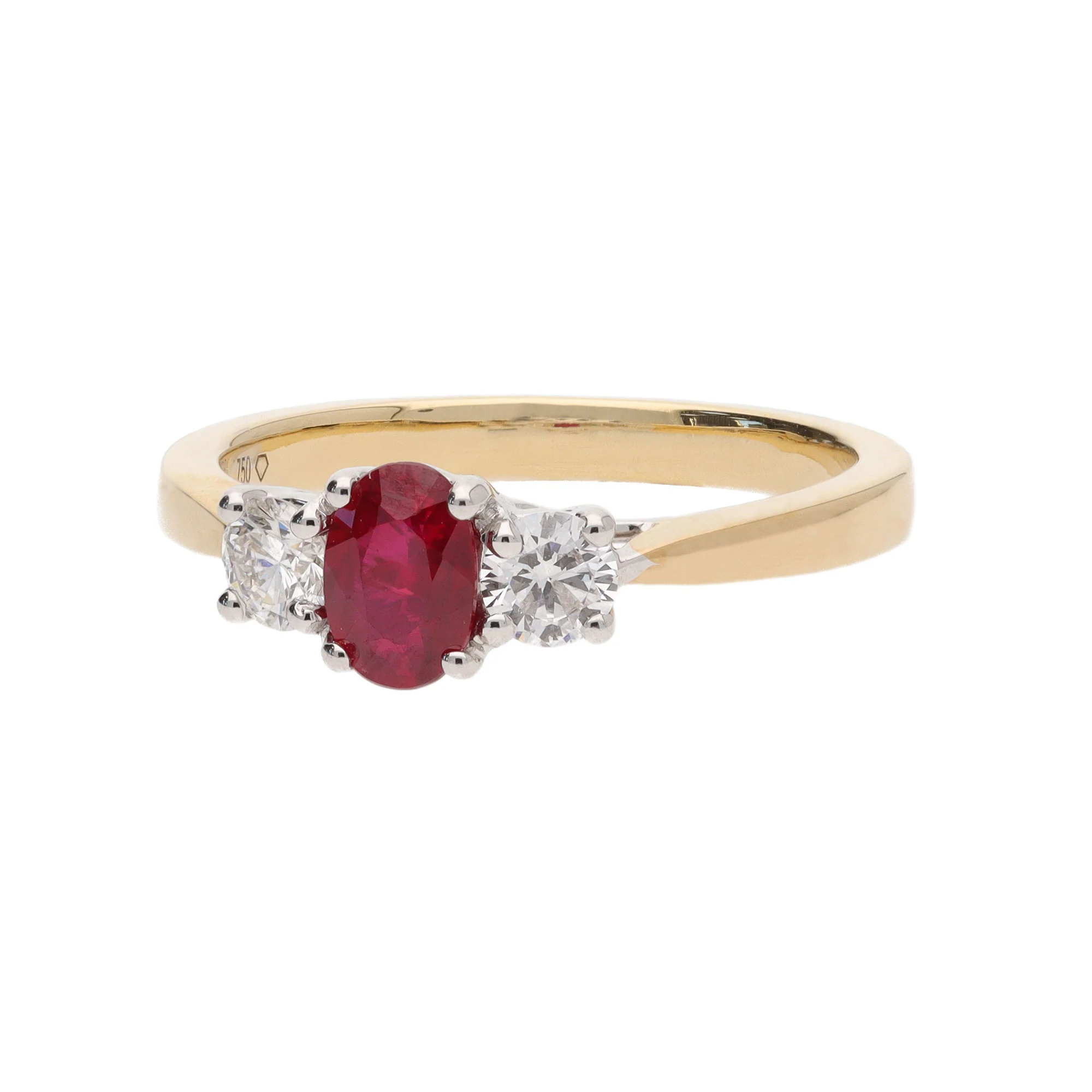 Ruby and Diamond 18ct Yellow Gold Three Stone Ring - Image 3