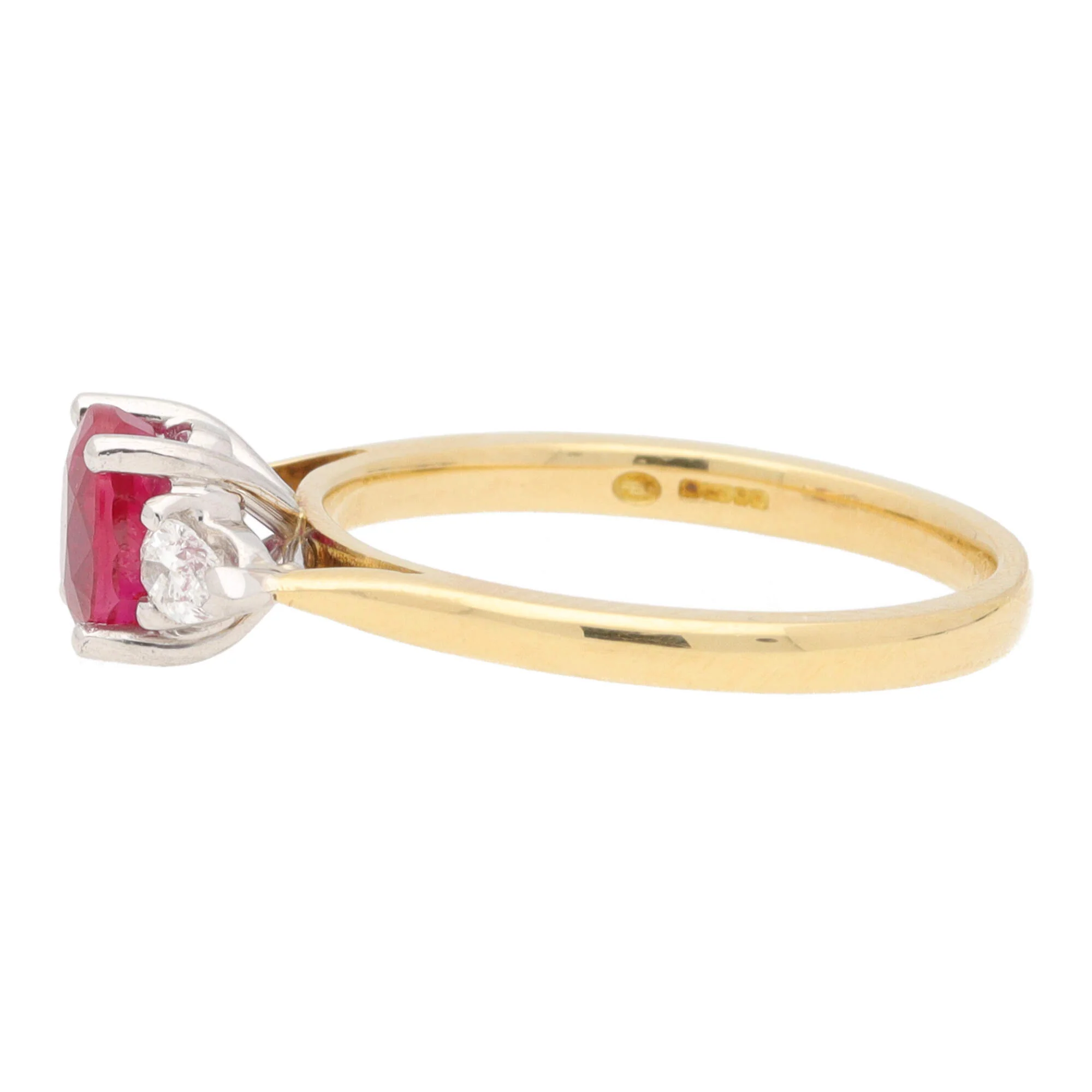 Ruby and Diamond 18ct Yellow Gold Three Stone Ring - Image 3