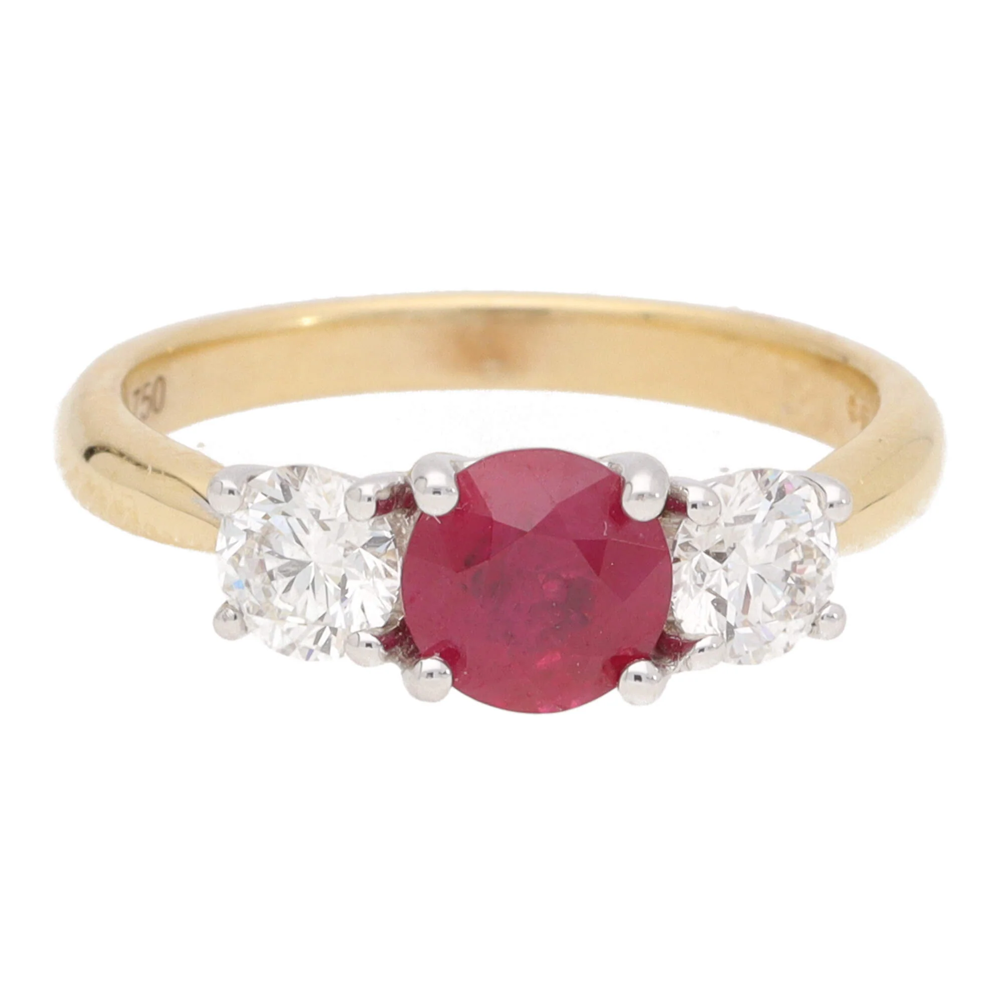 Ruby and Diamond 18ct Yellow Gold Three Stone Ring - Image 2