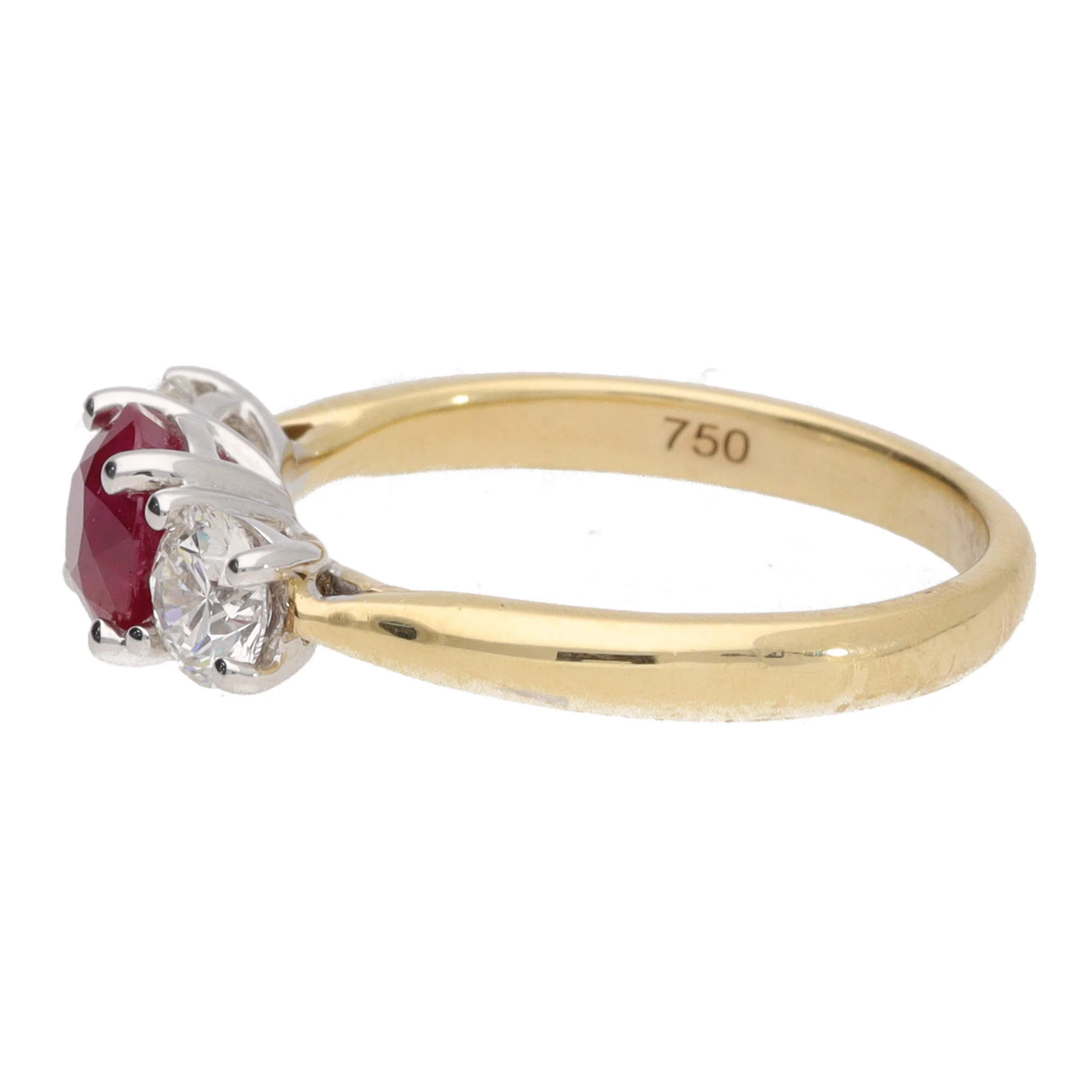 Ruby and Diamond 18ct Yellow Gold Three Stone Ring - Image 3