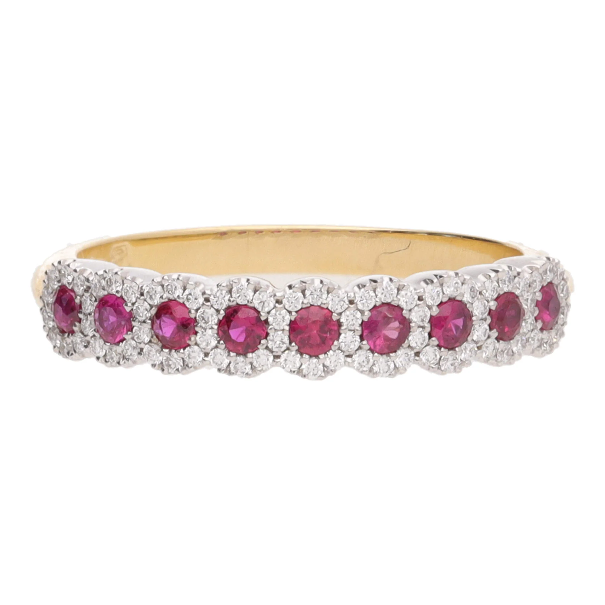 Ruby and Diamond Cluster 18ct Yellow and White Gold Half Eternity Ring - Image 2