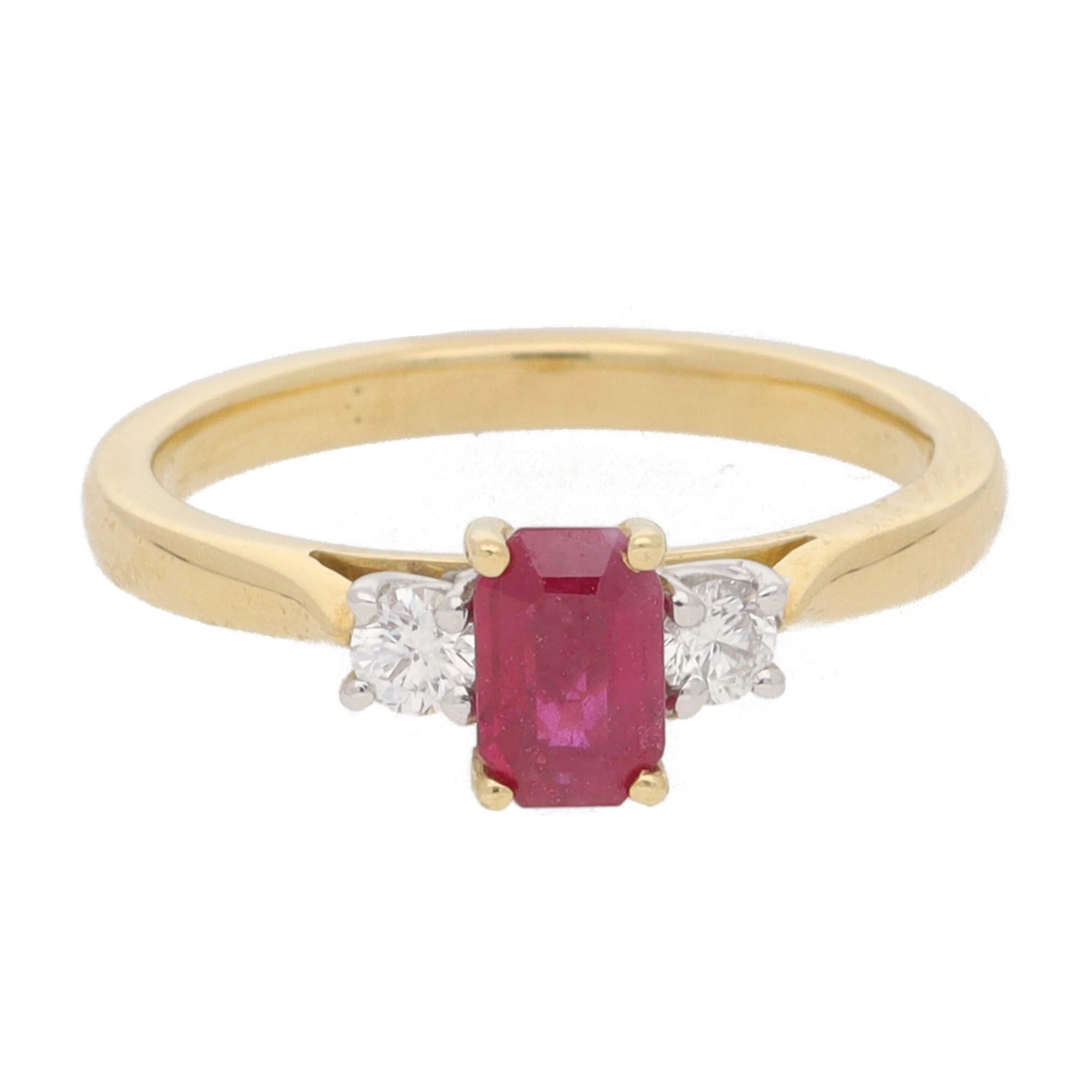 Ruby and Diamond Emerald Cut Three Stone 18ct Yellow Gold Ring - Image 2