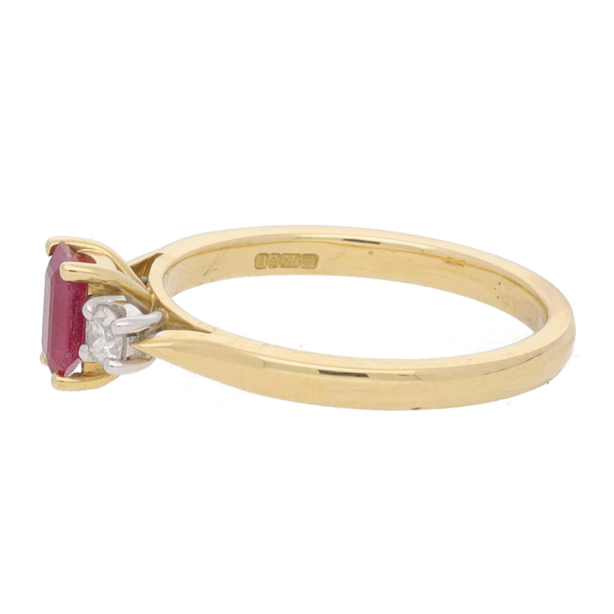 Ruby and Diamond Emerald Cut Three Stone 18ct Yellow Gold Ring - Image 3
