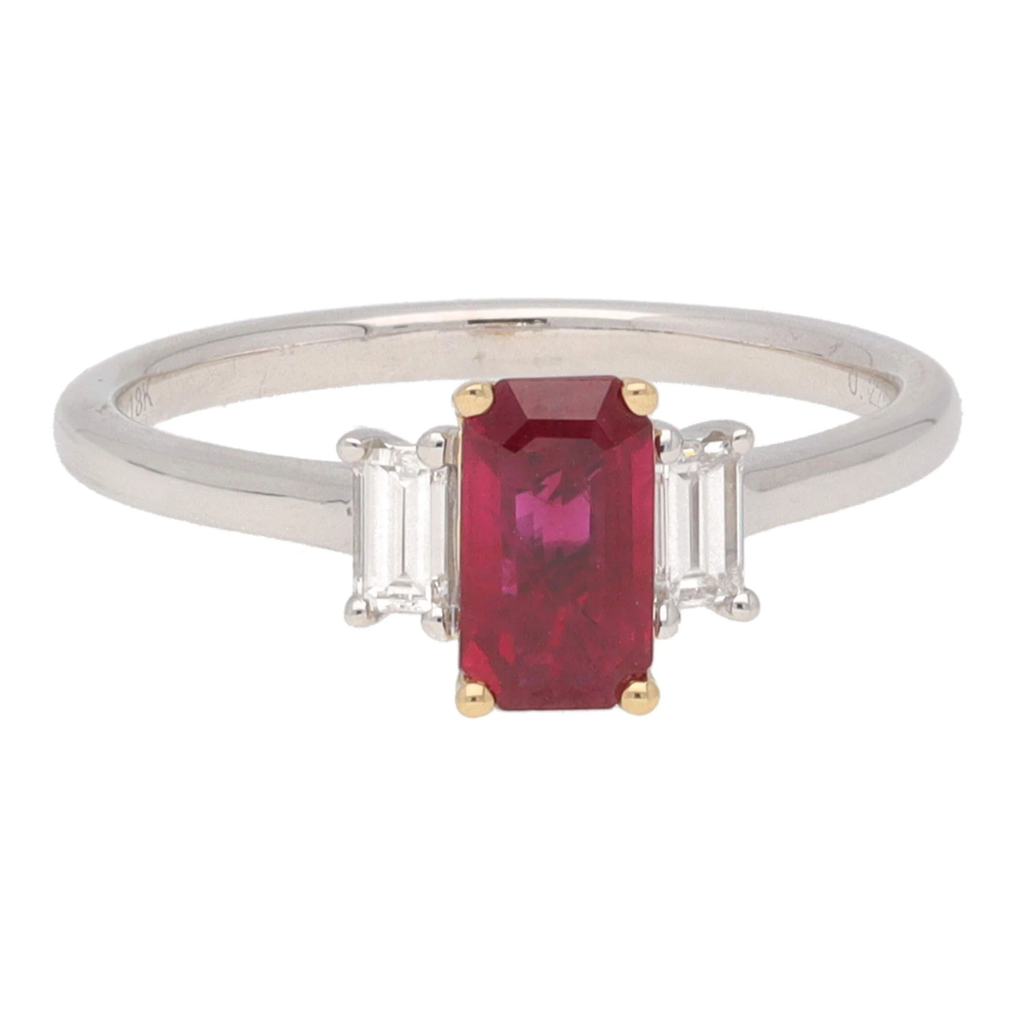Ruby and Diamond Octagon Shaped 18ct Yellow and White Gold Three Stone Ring - Image 2