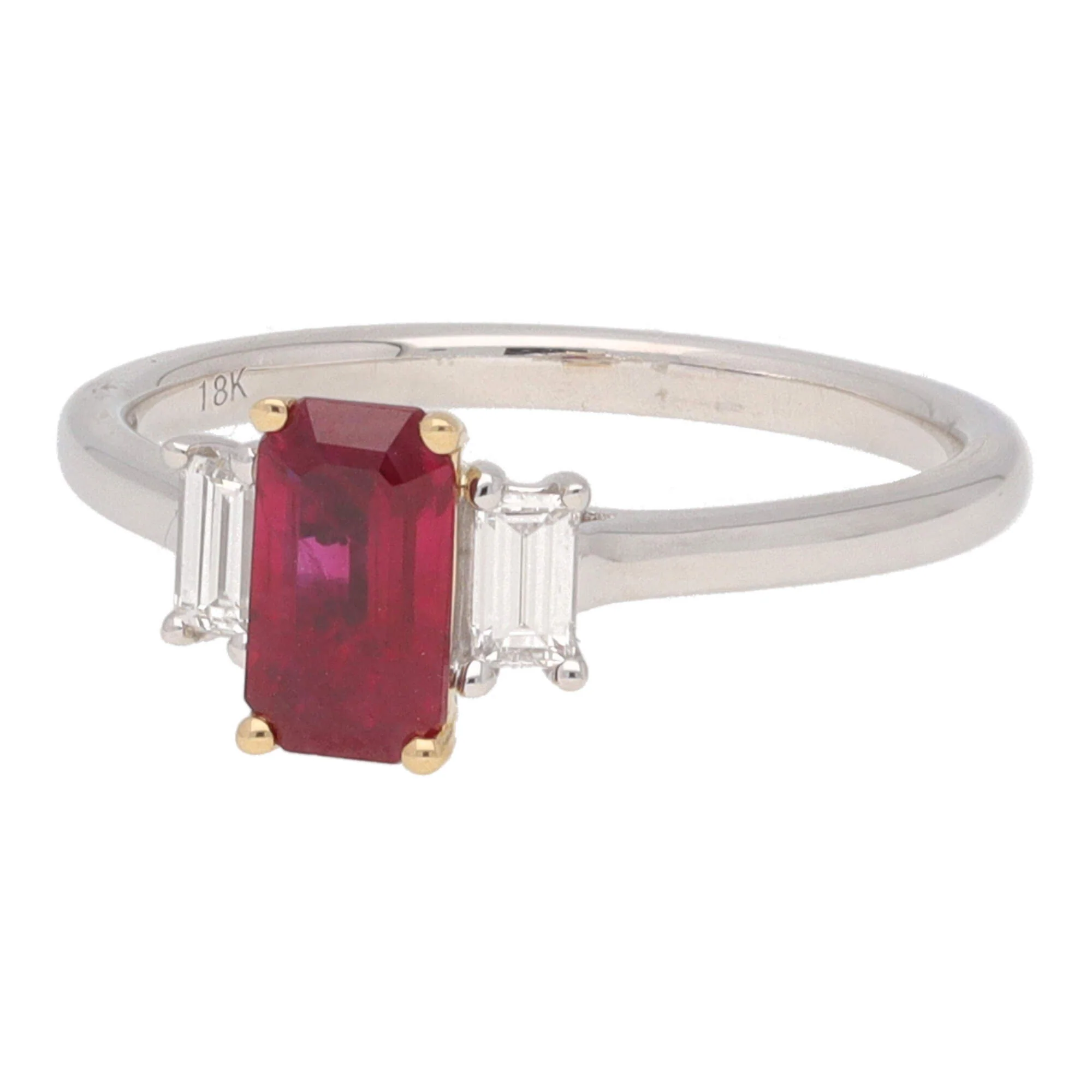 Ruby and Diamond Octagon Shaped 18ct Yellow and White Gold Three Stone Ring - Image 3