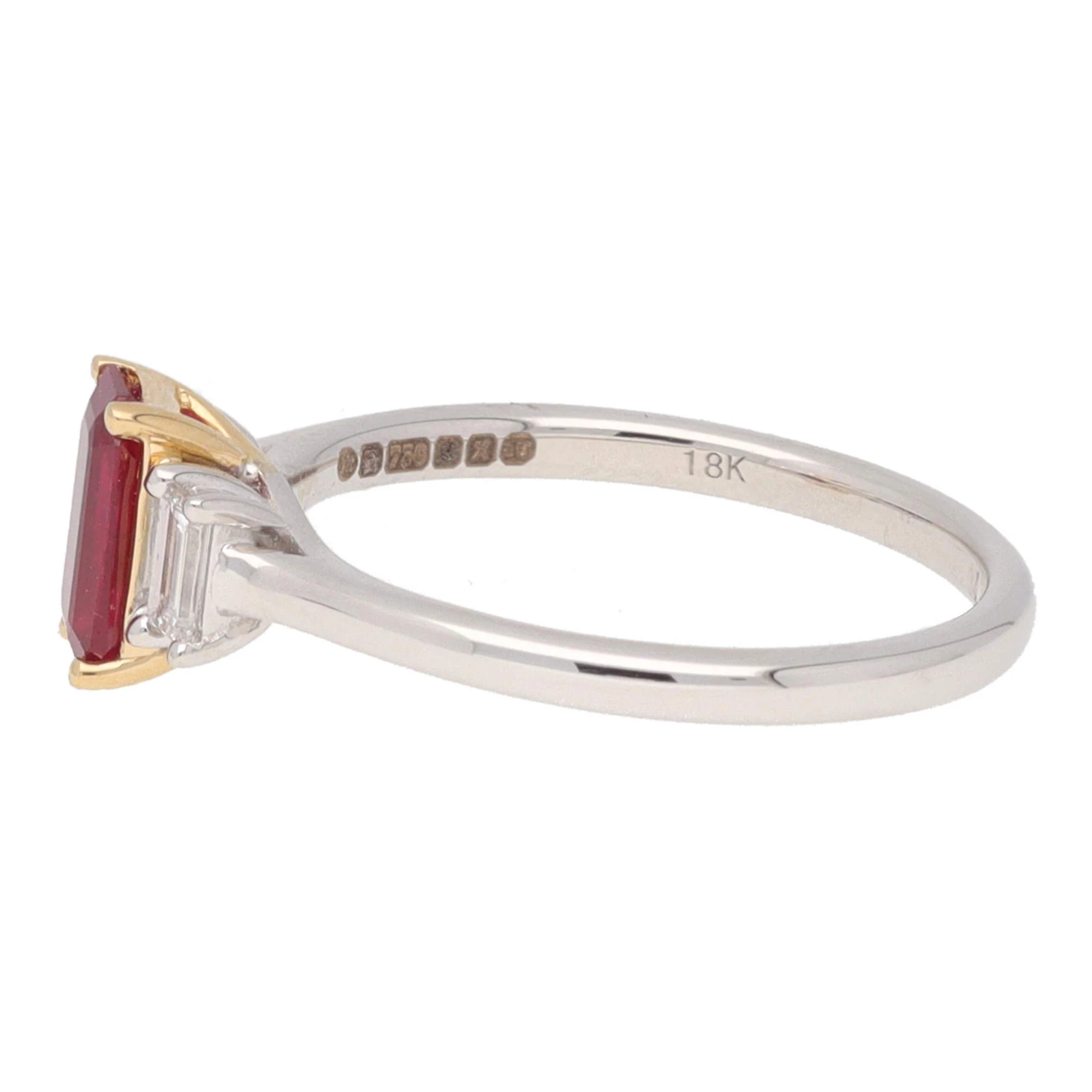 Ruby and Diamond Octagon Shaped 18ct Yellow and White Gold Three Stone Ring - Image 4