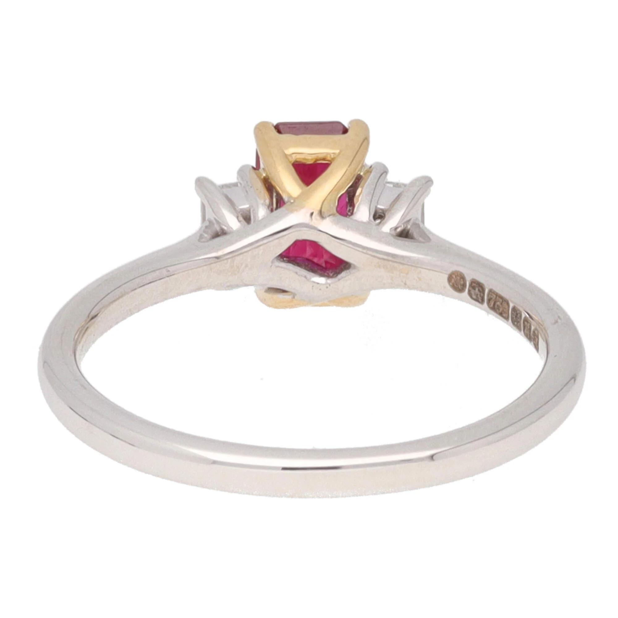 Ruby and Diamond Octagon Shaped 18ct Yellow and White Gold Three Stone Ring - Image 5