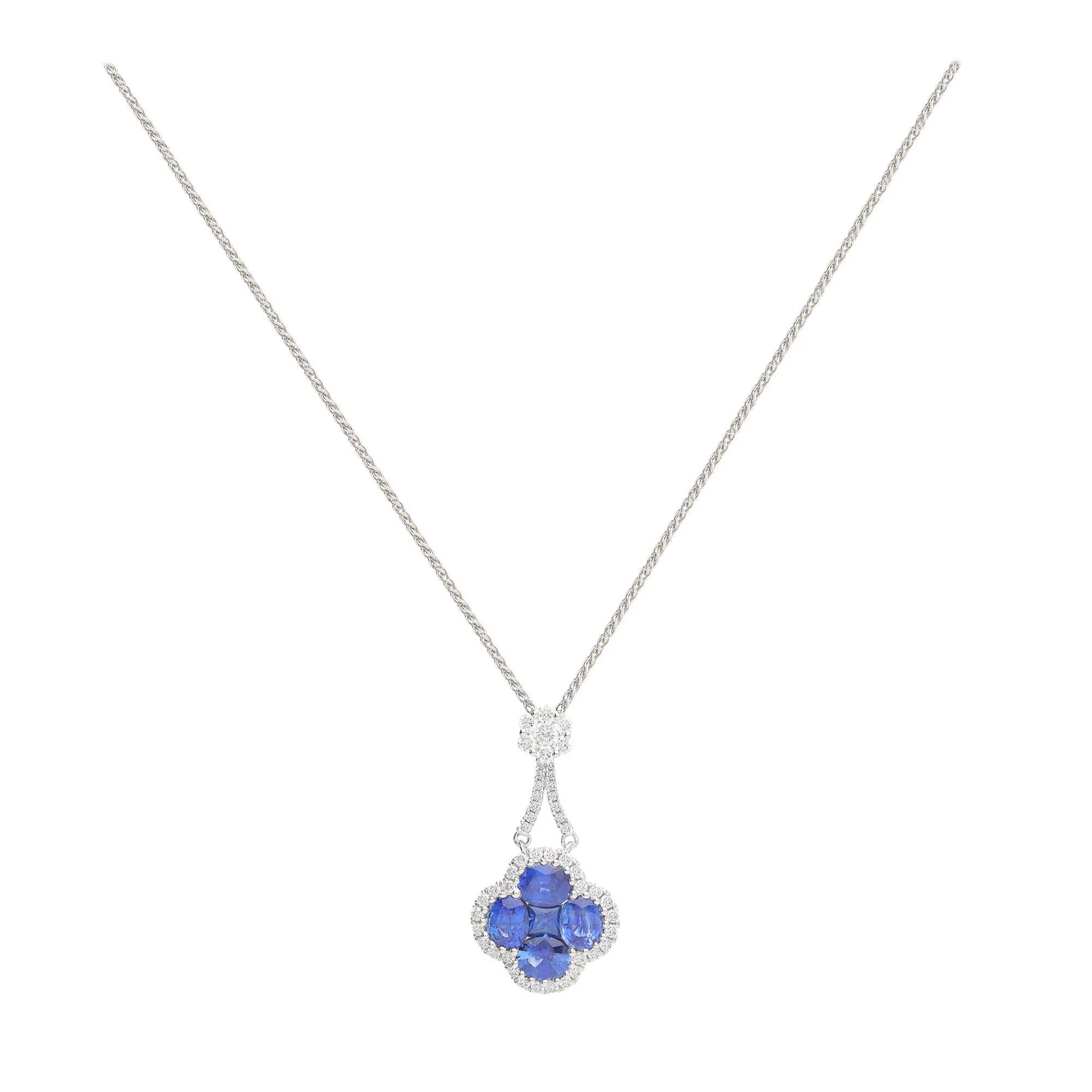 Sapphire and Diamond 18ct White Gold Cluster Drop Necklace - Image 2