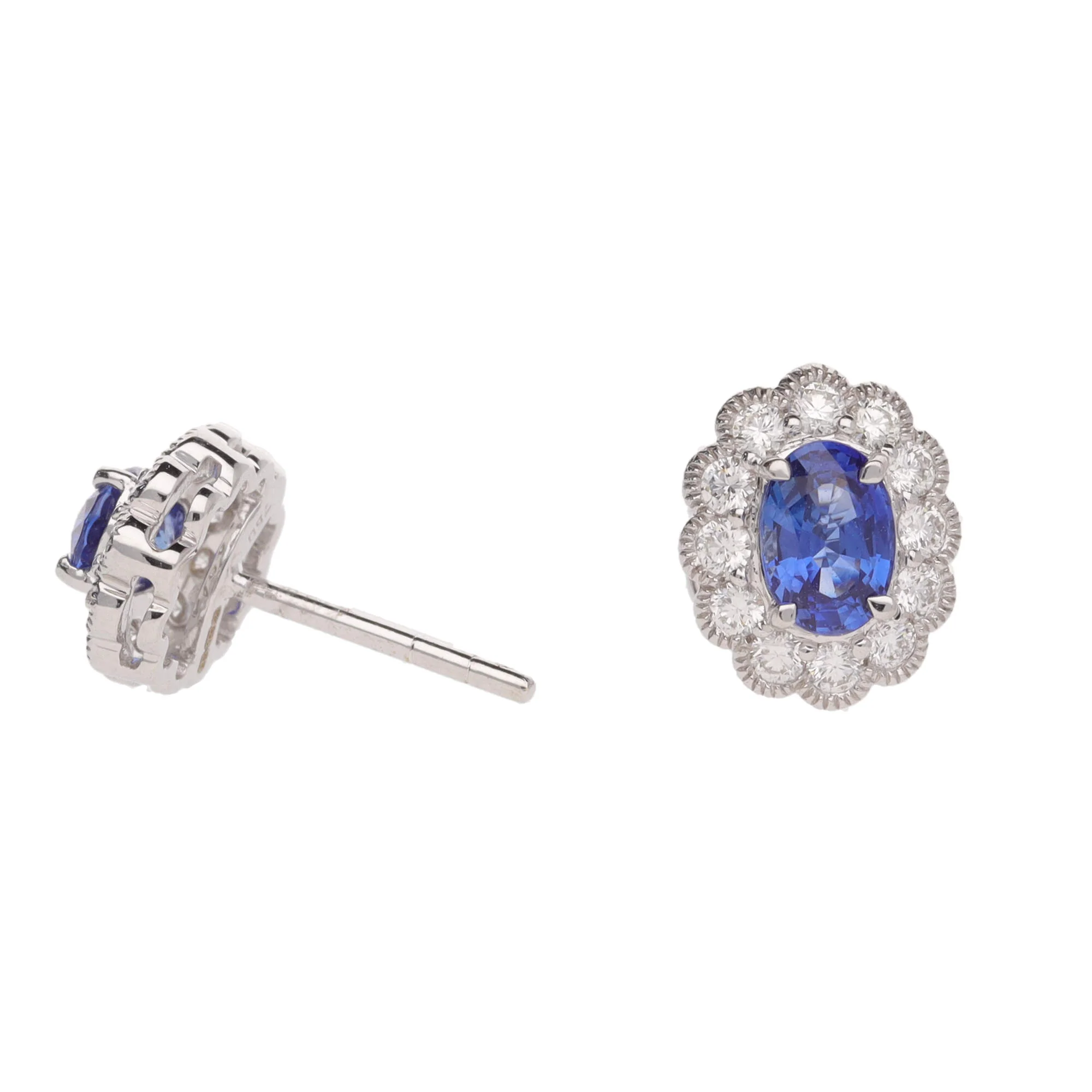 Sapphire and Diamond 18ct White Gold Cluster Stud Earrings - Image 2