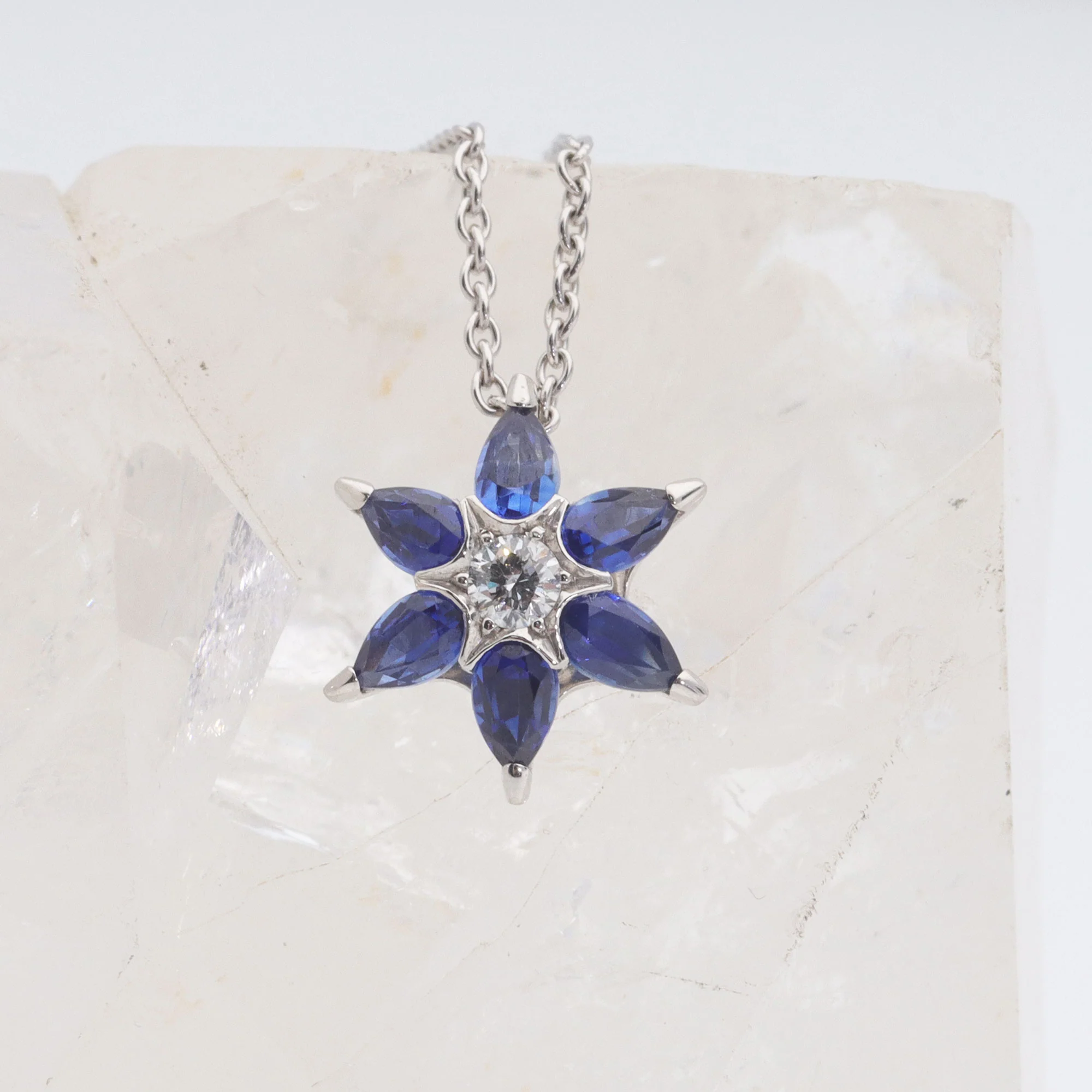 Sapphire and Diamond 18ct White Gold Flower Pendant - Image 3