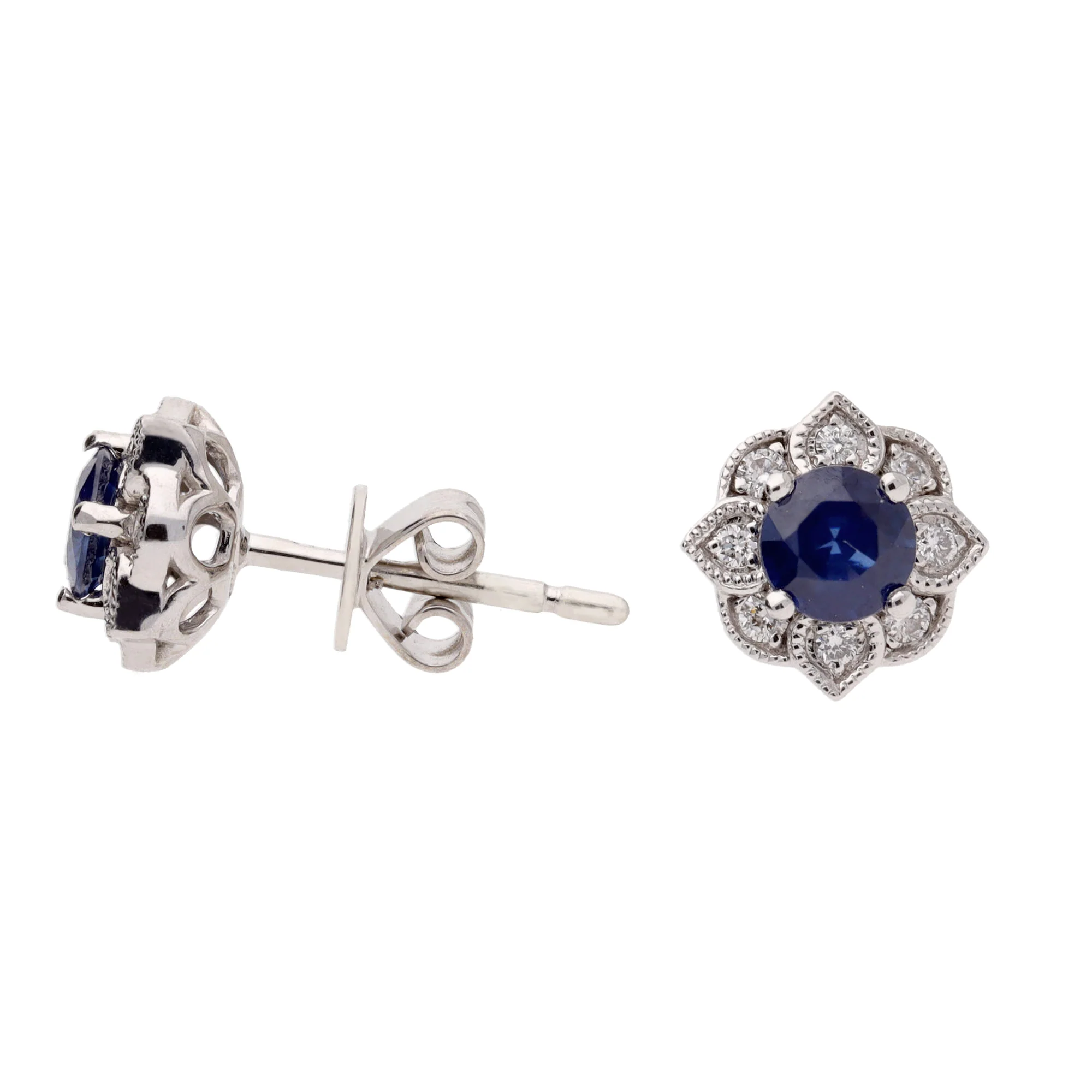 Sapphire and Diamond 18ct White Gold Flower Stud Earrings - Image 2