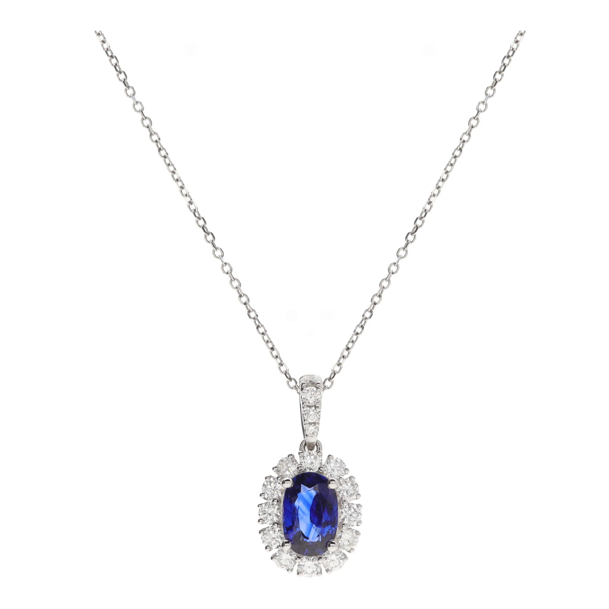 Sapphire and Diamond 18ct White Gold Oval Cluster Drop Necklace