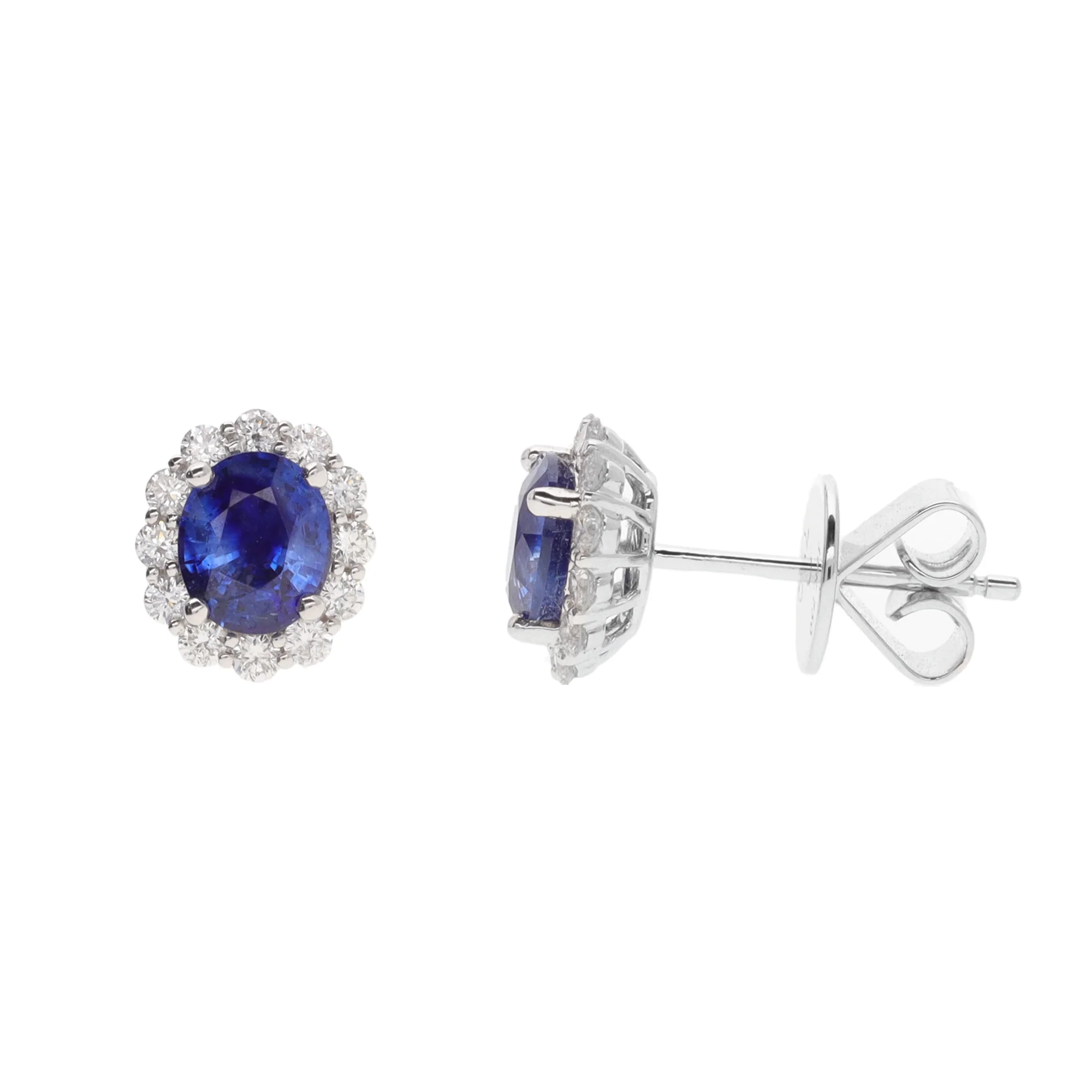 Sapphire and Diamond 18ct White Gold Oval Cluster Stud Earrings - Image 2