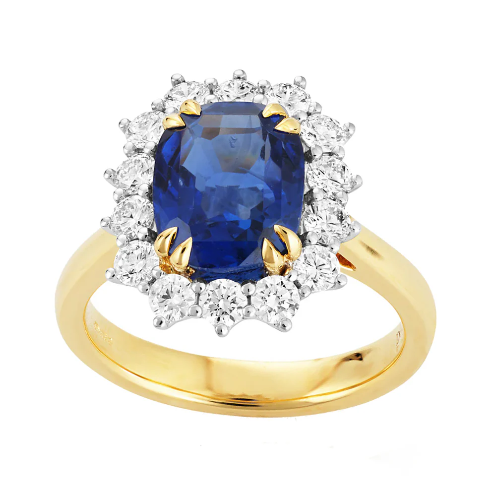 Sapphire and Diamond 18ct Yellow and White Gold Cusion Cluster Ring - Image 2