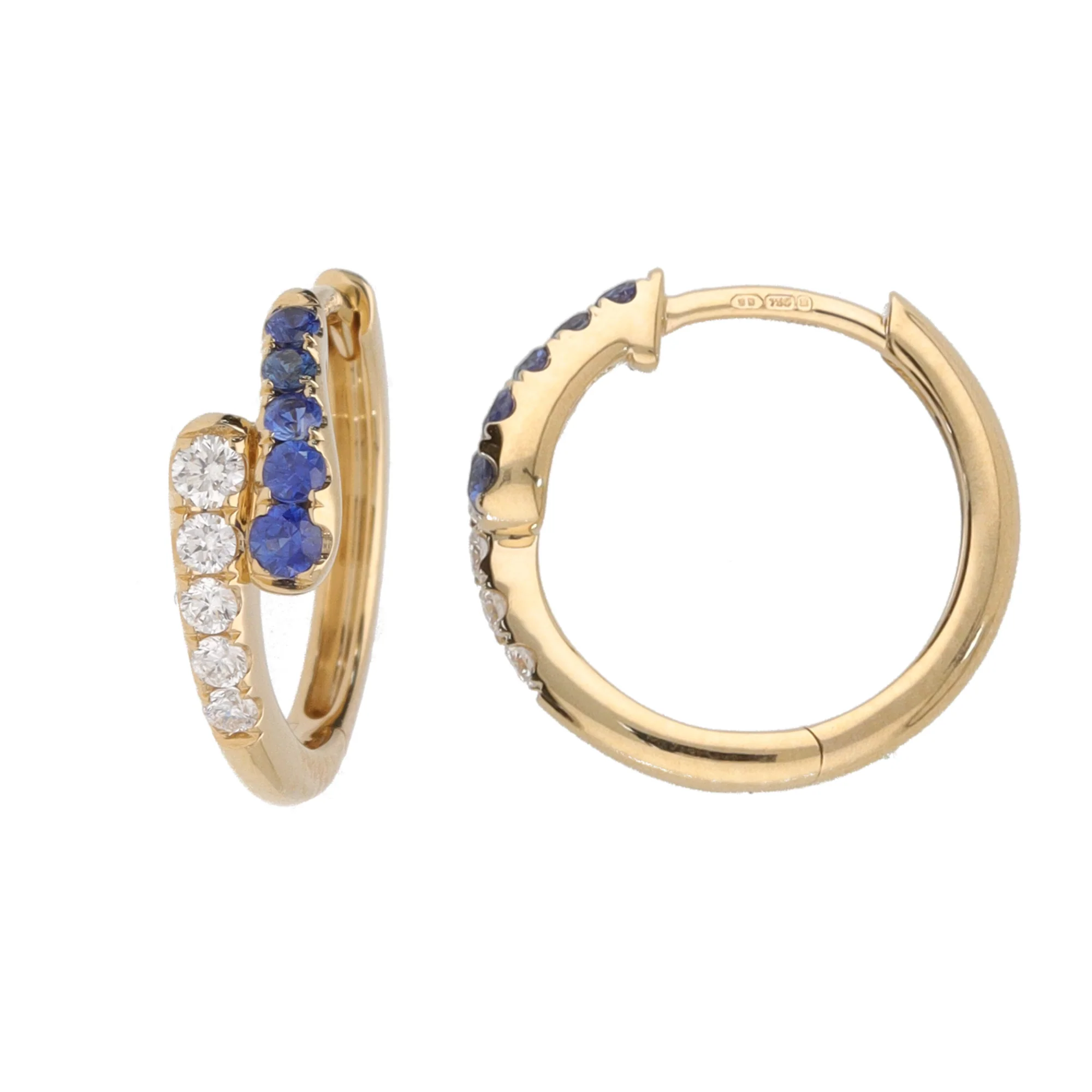 Sapphire and Diamond 18ct Yellow Gold Crossover Hoop Earrings - Image 2