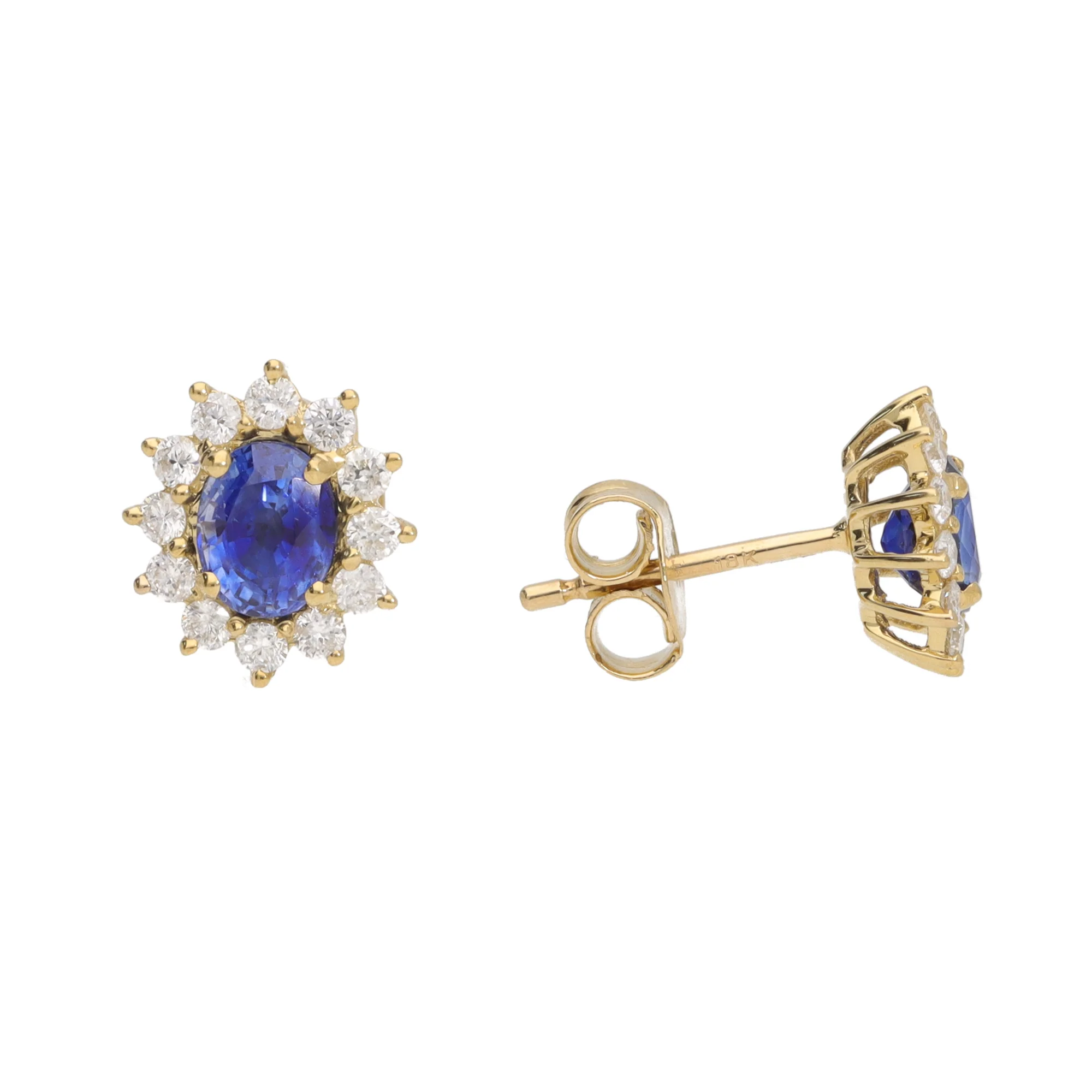 Sapphire and Diamond 18ct Yellow Gold Oval Cluster Stud Earrings - Image 2