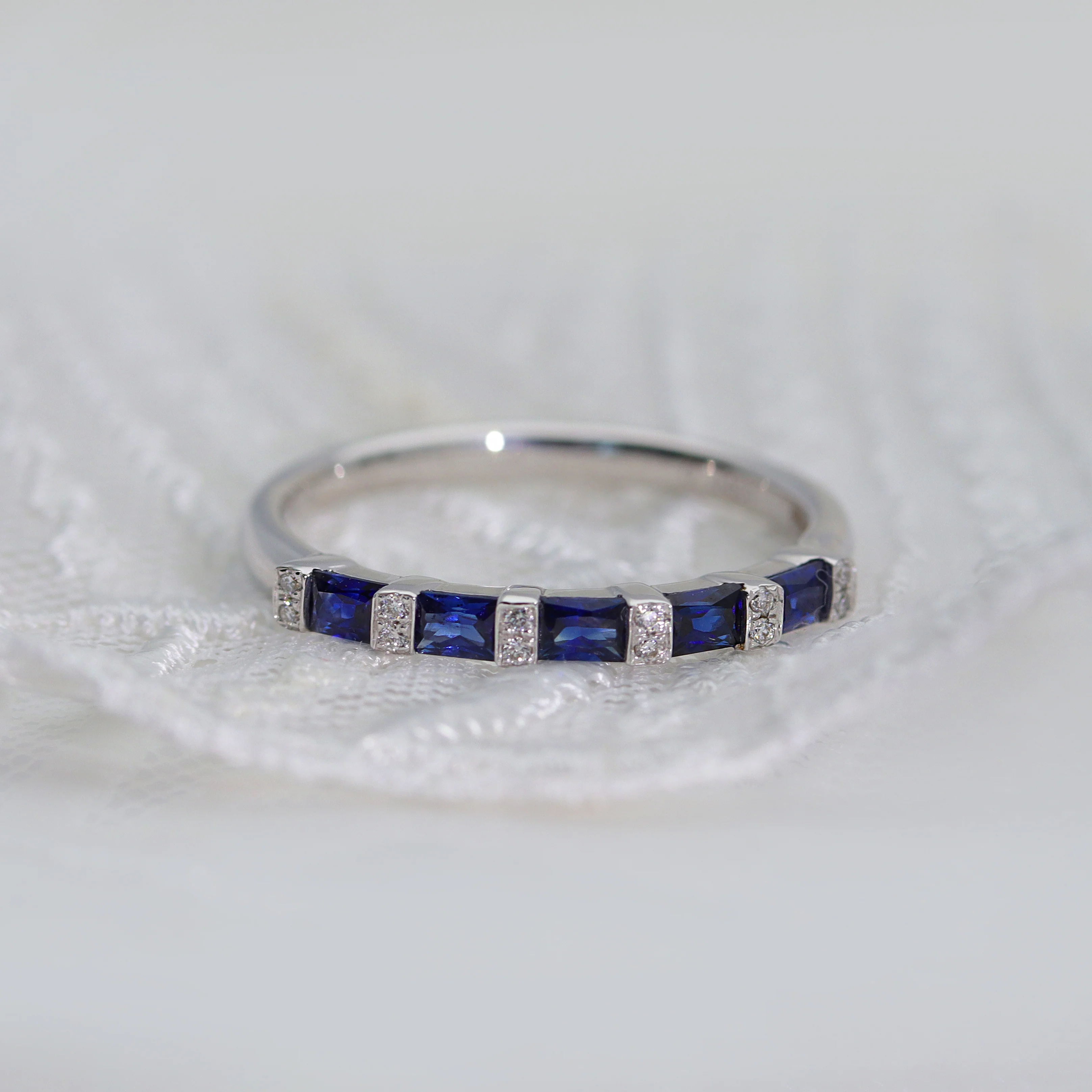 Sapphire and Diamond Baguette 18ct White Gold Half Eternity Ring - Image 4